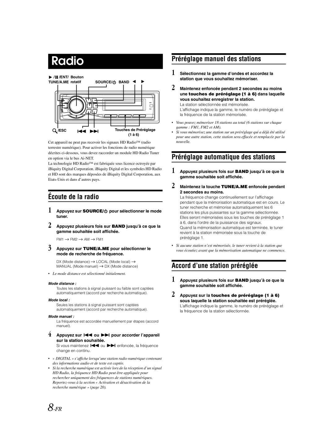 Alpine CDA-9885 owner manual Écoute de la radio, Préréglage manuel des stations, Préréglage automatique des stations 