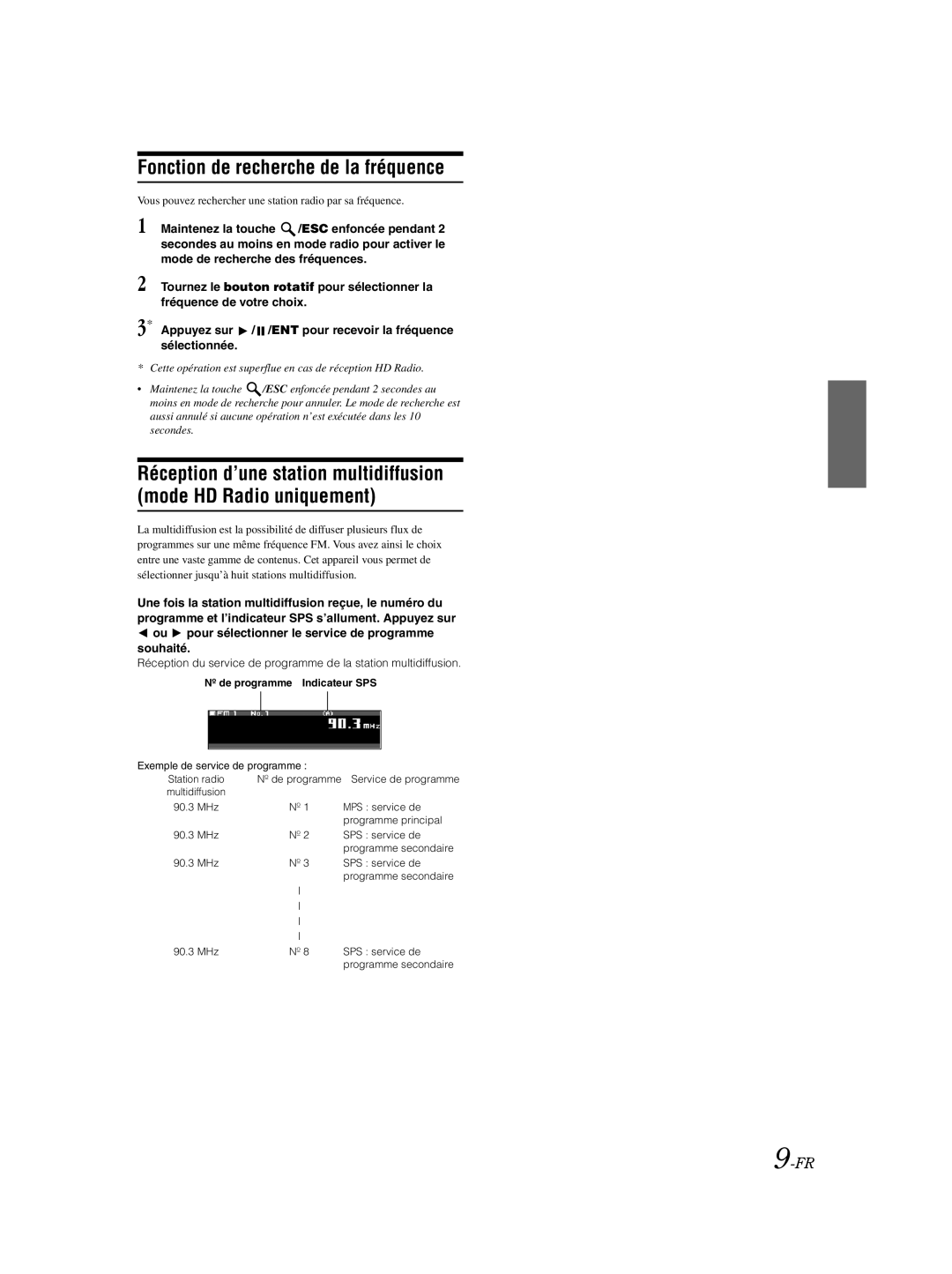 Alpine CDA-9885 owner manual Fonction de recherche de la fréquence, Nº de programme Indicateur SPS 