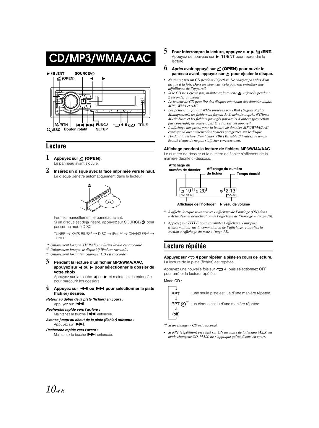 Alpine CDA-9885 owner manual Lecture répétée, 10-FR 