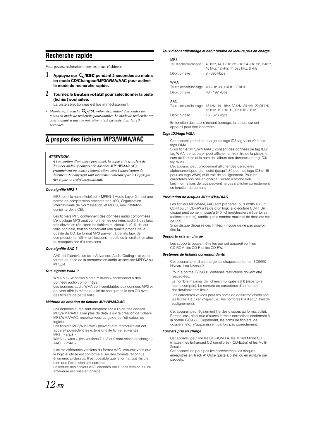 Alpine CDA-9885 Recherche rapide, Propos des fichiers MP3/WMA/AAC, 12-FR, La piste sélectionnée est lue immédiatement 