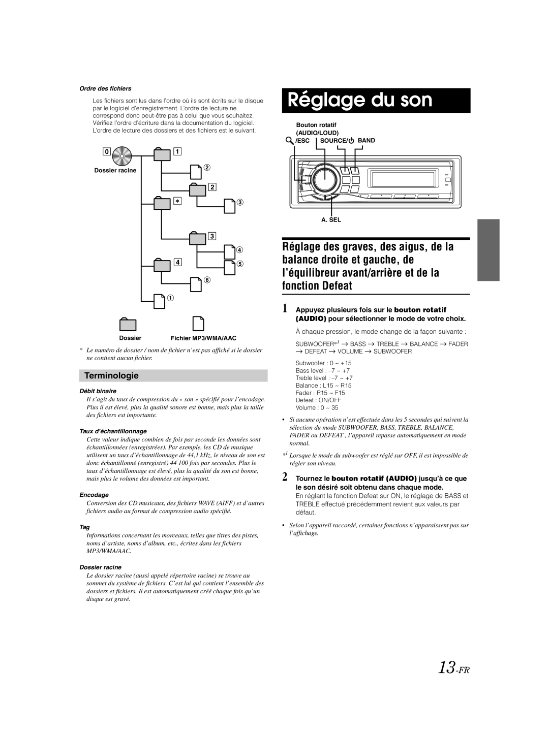 Alpine CDA-9885 owner manual Réglage du son, Terminologie, 13-FR, Chaque pression, le mode change de la façon suivante 