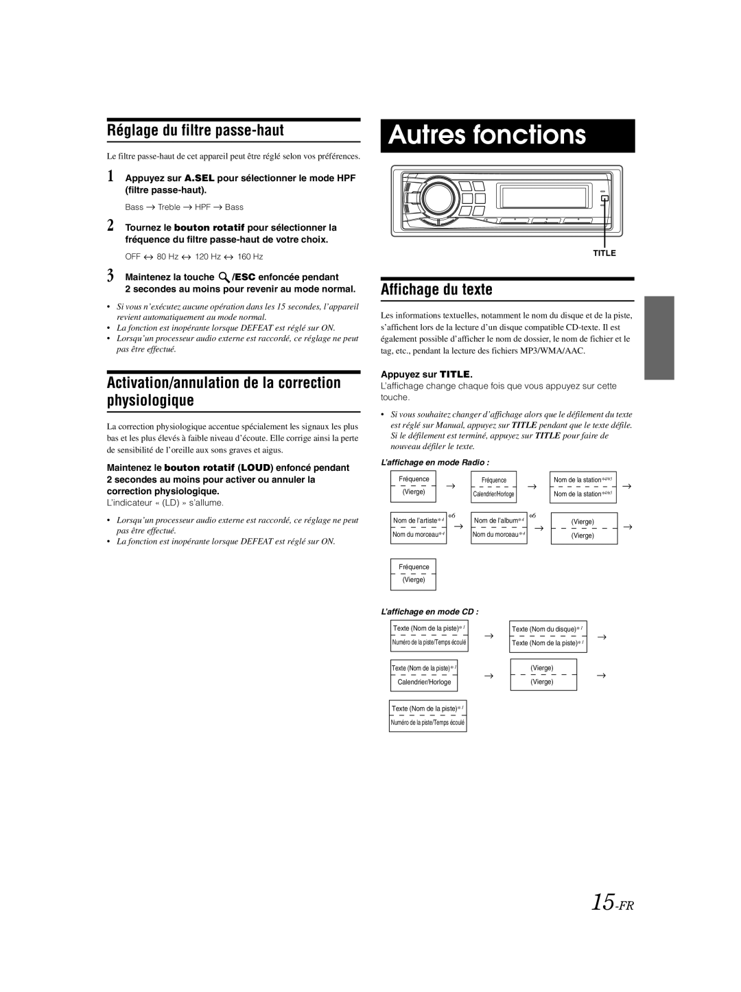 Alpine CDA-9885 Autres fonctions, Réglage du filtre passe-haut, Activation/annulation de la correction physiologique 