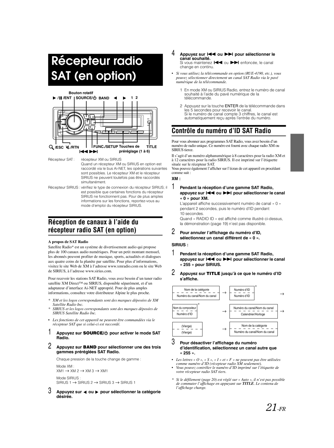 Alpine CDA-9885 owner manual Récepteur radio SAT en option, Contrôle du numéro d’ID SAT Radio, 21-FR 