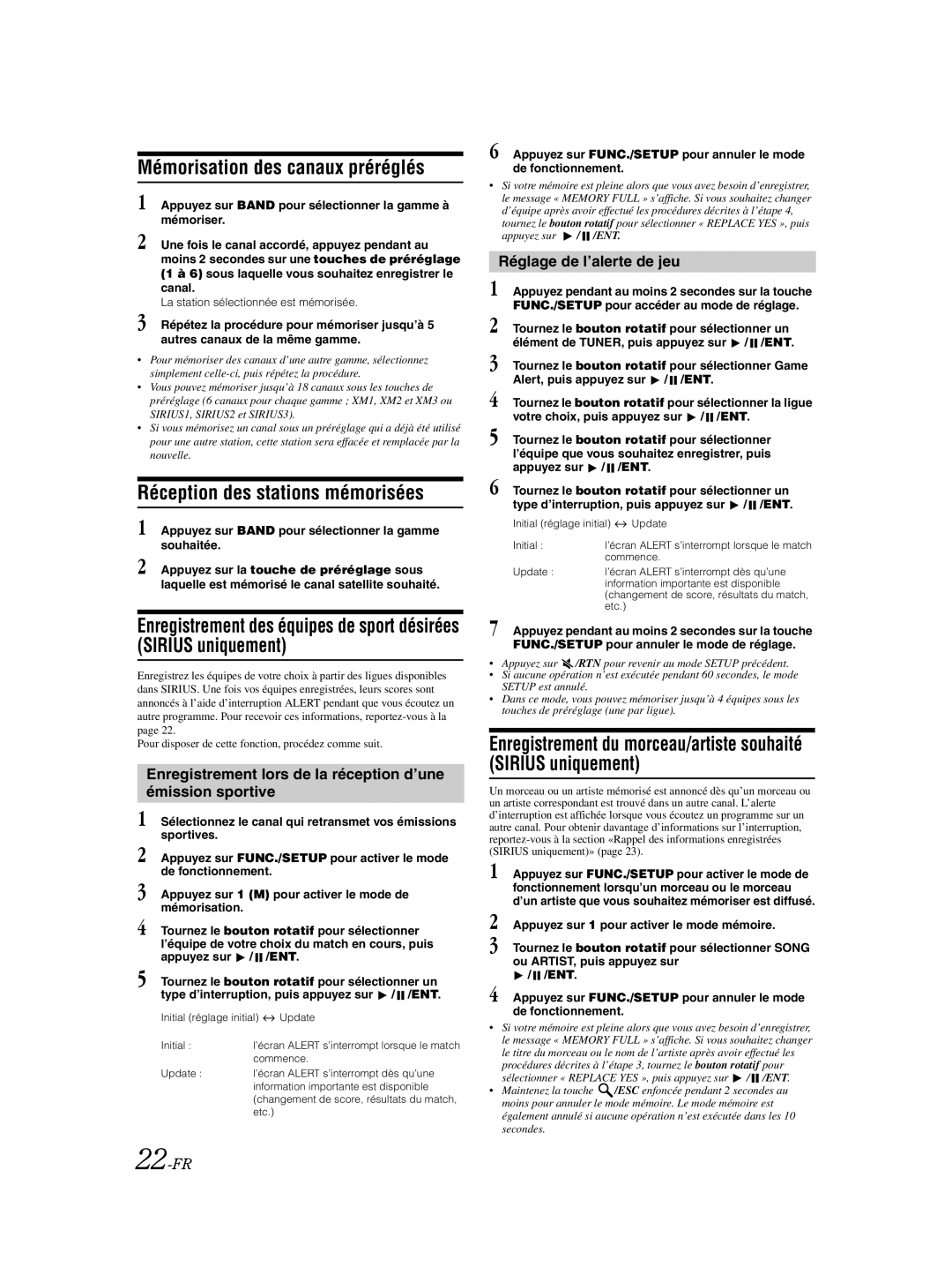 Alpine CDA-9885 Mémorisation des canaux préréglés, Réception des stations mémorisées, Réglage de l’alerte de jeu, 22-FR 