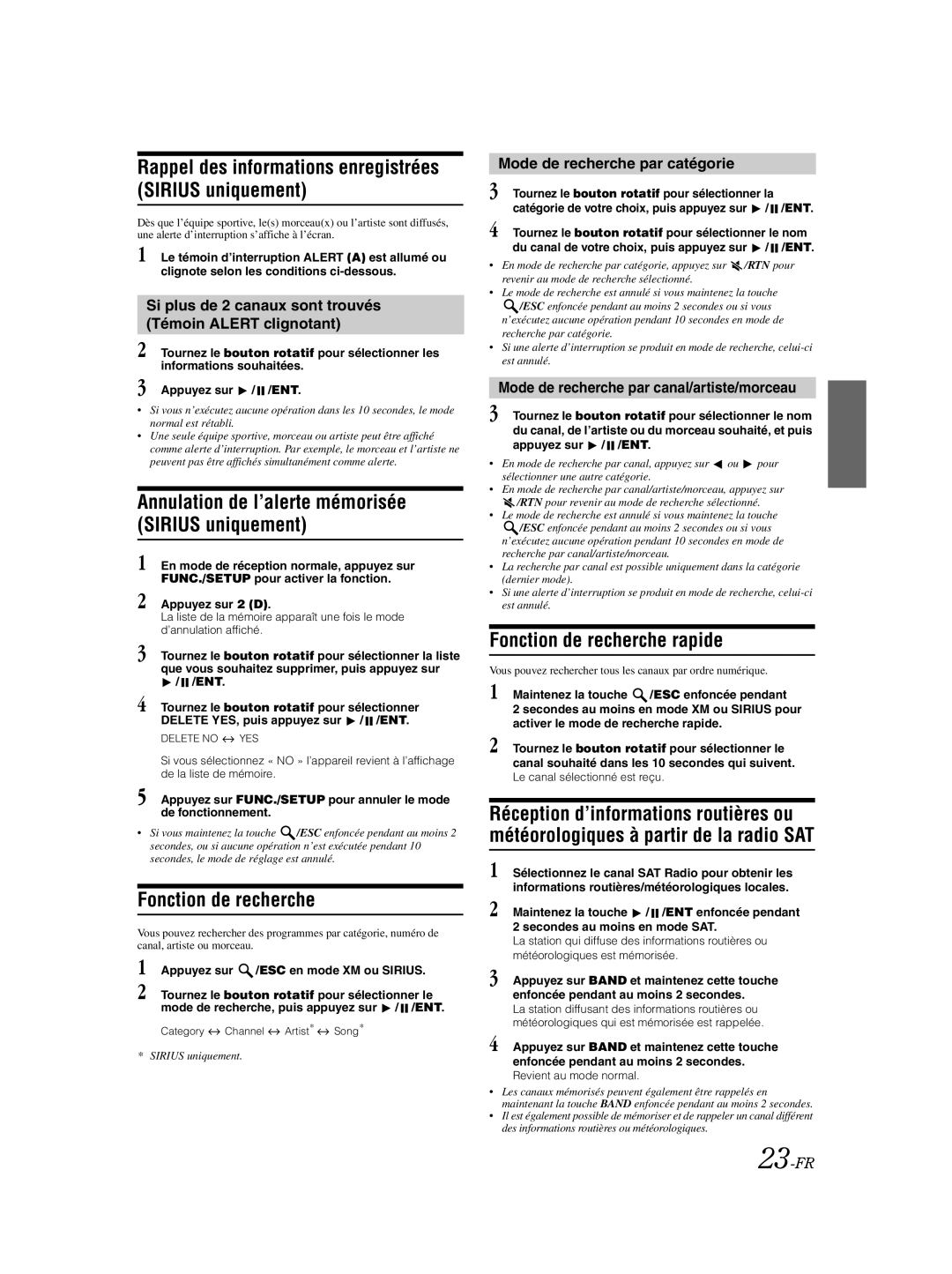 Alpine CDA-9885 owner manual Rappel des informations enregistrées Sirius uniquement, Fonction de recherche 