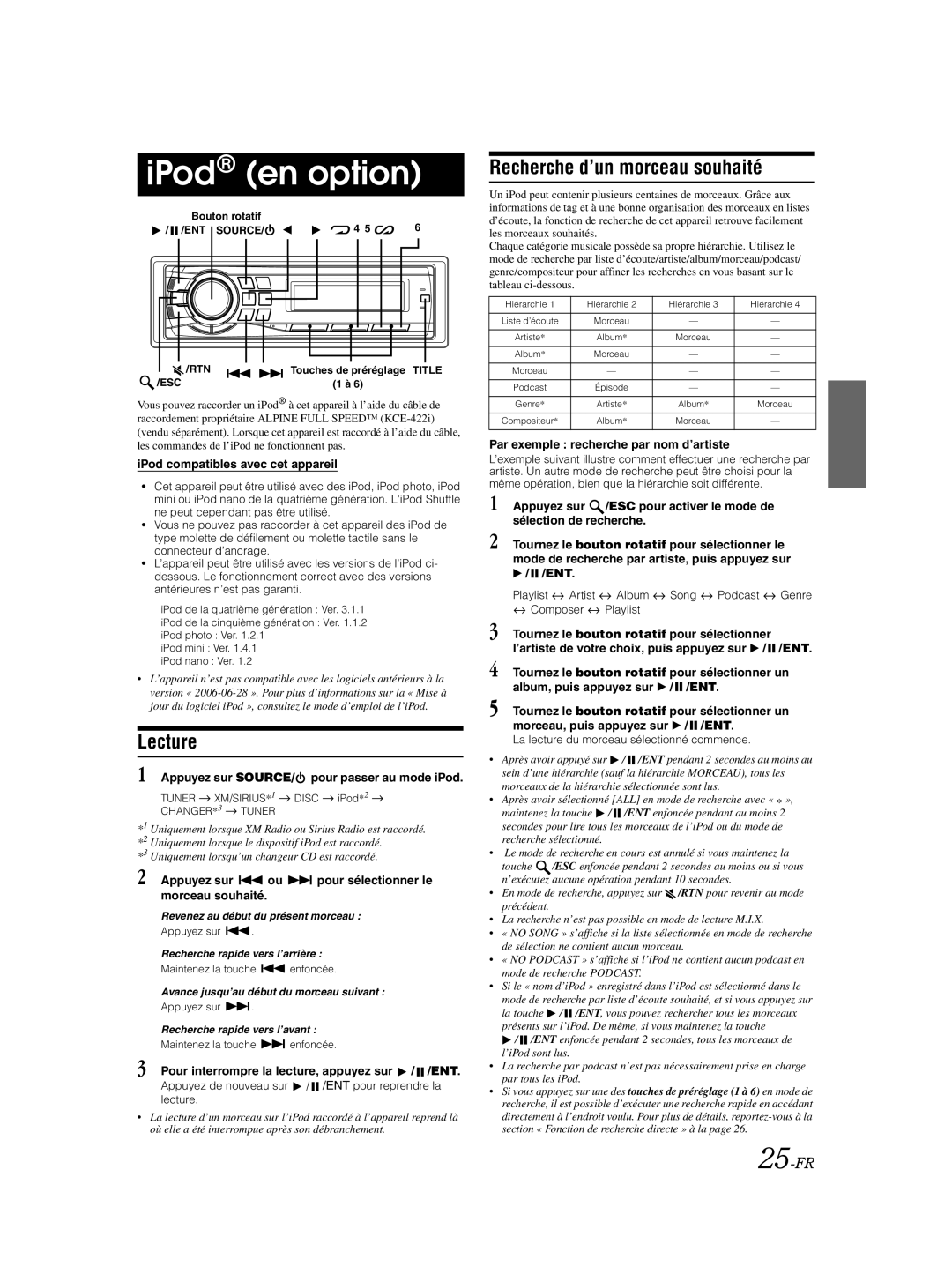 Alpine CDA-9885 owner manual IPod en option, Recherche d’un morceau souhaité, 25-FR 