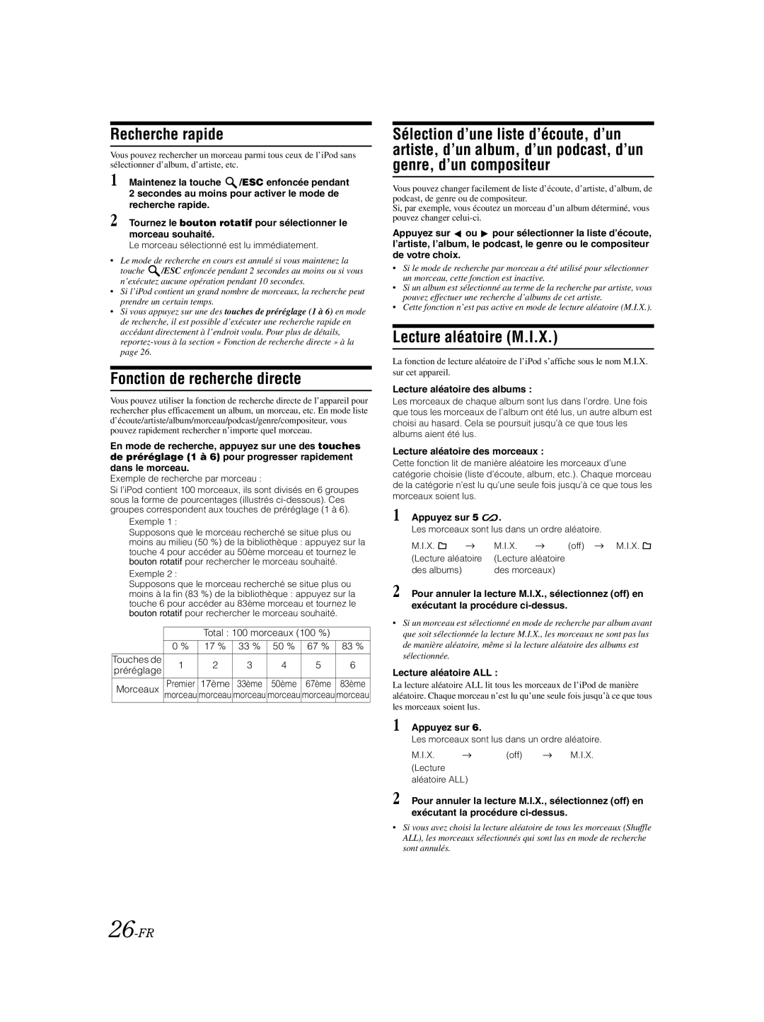 Alpine CDA-9885 owner manual Fonction de recherche directe, Lecture aléatoire M.I.X, 26-FR 