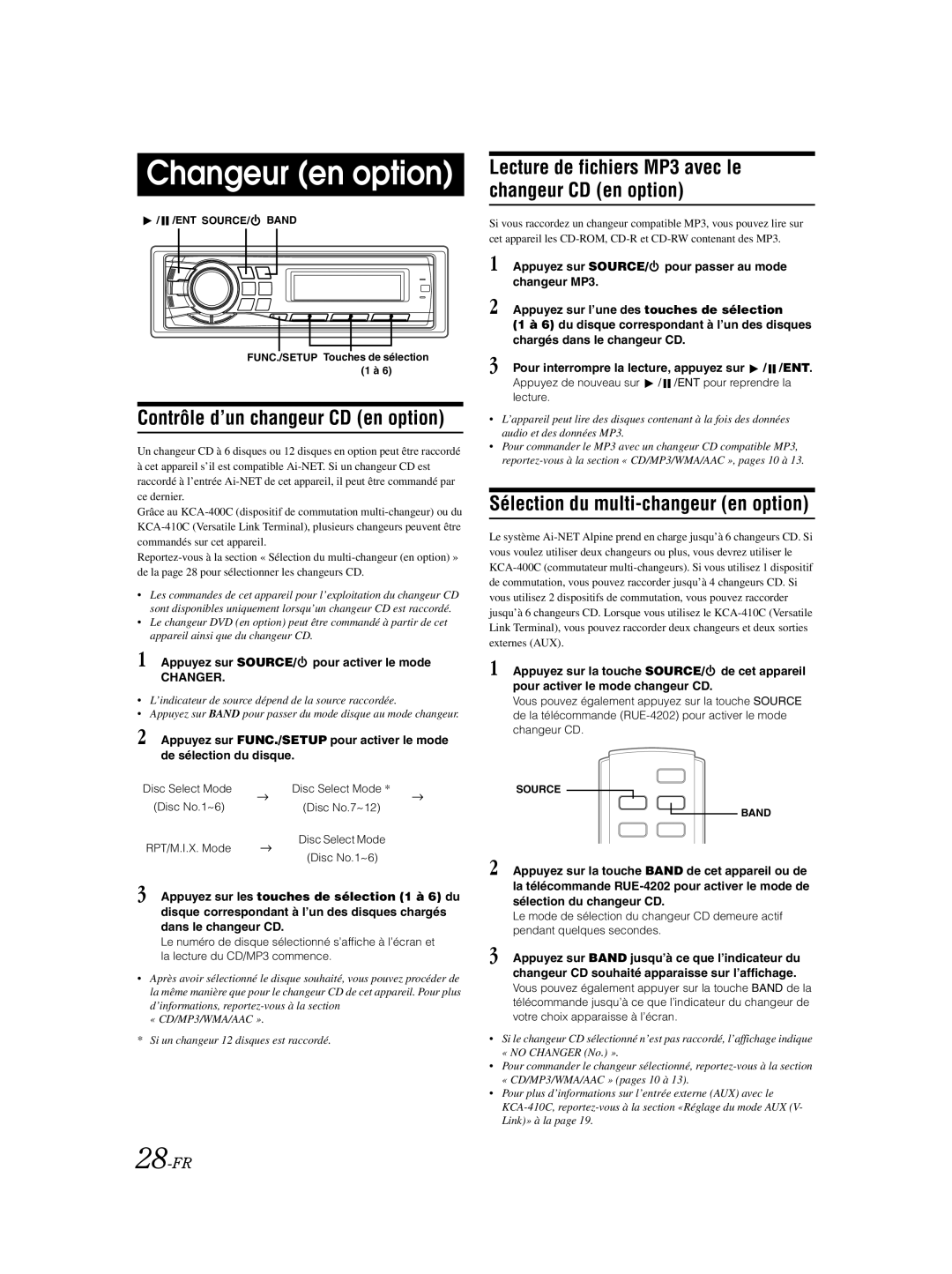 Alpine CDA-9885 Changeur en option, Contrôle d’un changeur CD en option, Sélection du multi-changeur en option, 28-FR 