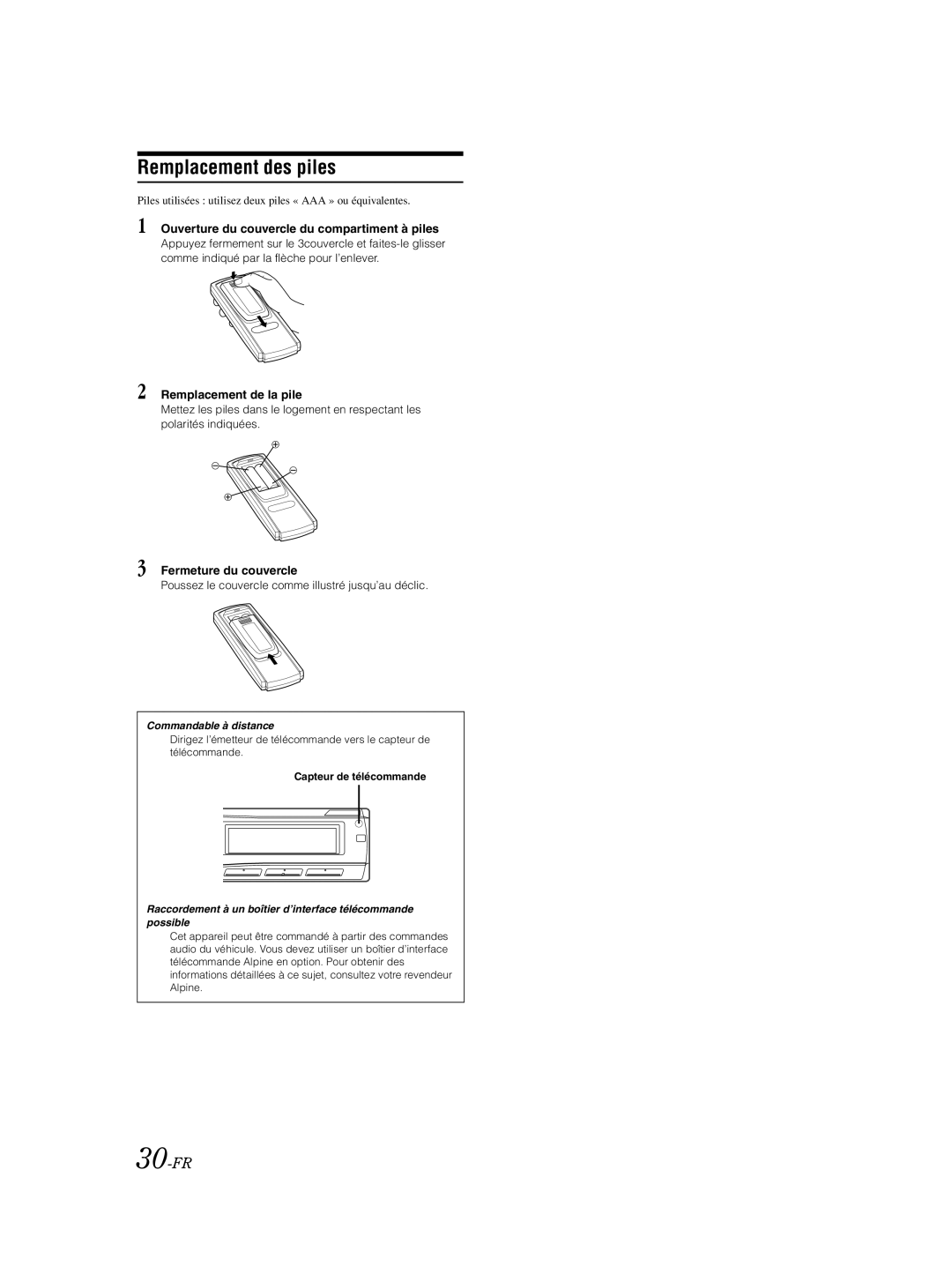 Alpine CDA-9885 Remplacement des piles, 30-FR, Ouverture du couvercle du compartiment à piles, Remplacement de la pile 