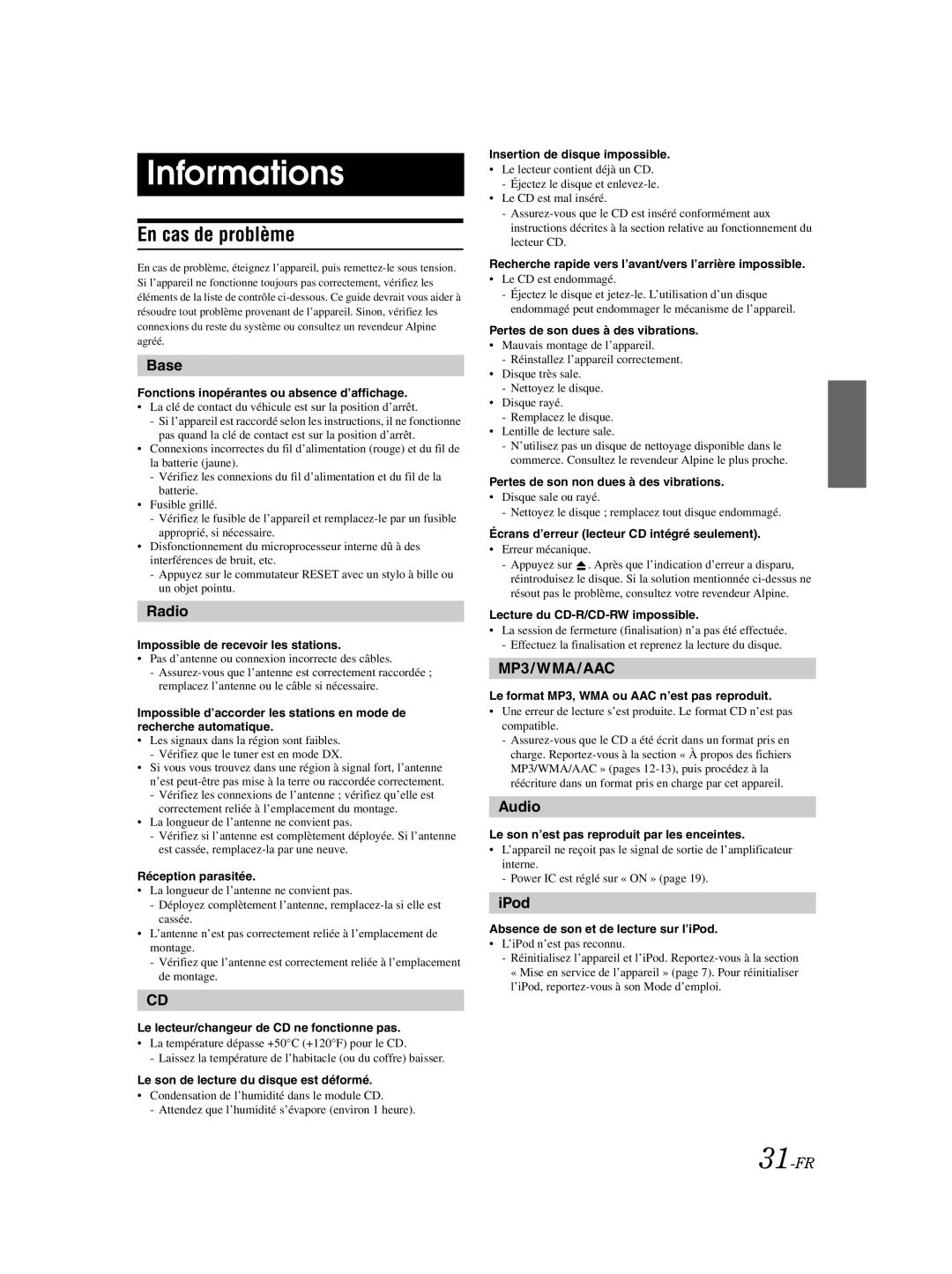 Alpine CDA-9885 owner manual Informations, En cas de problème, Base, 31-FR 