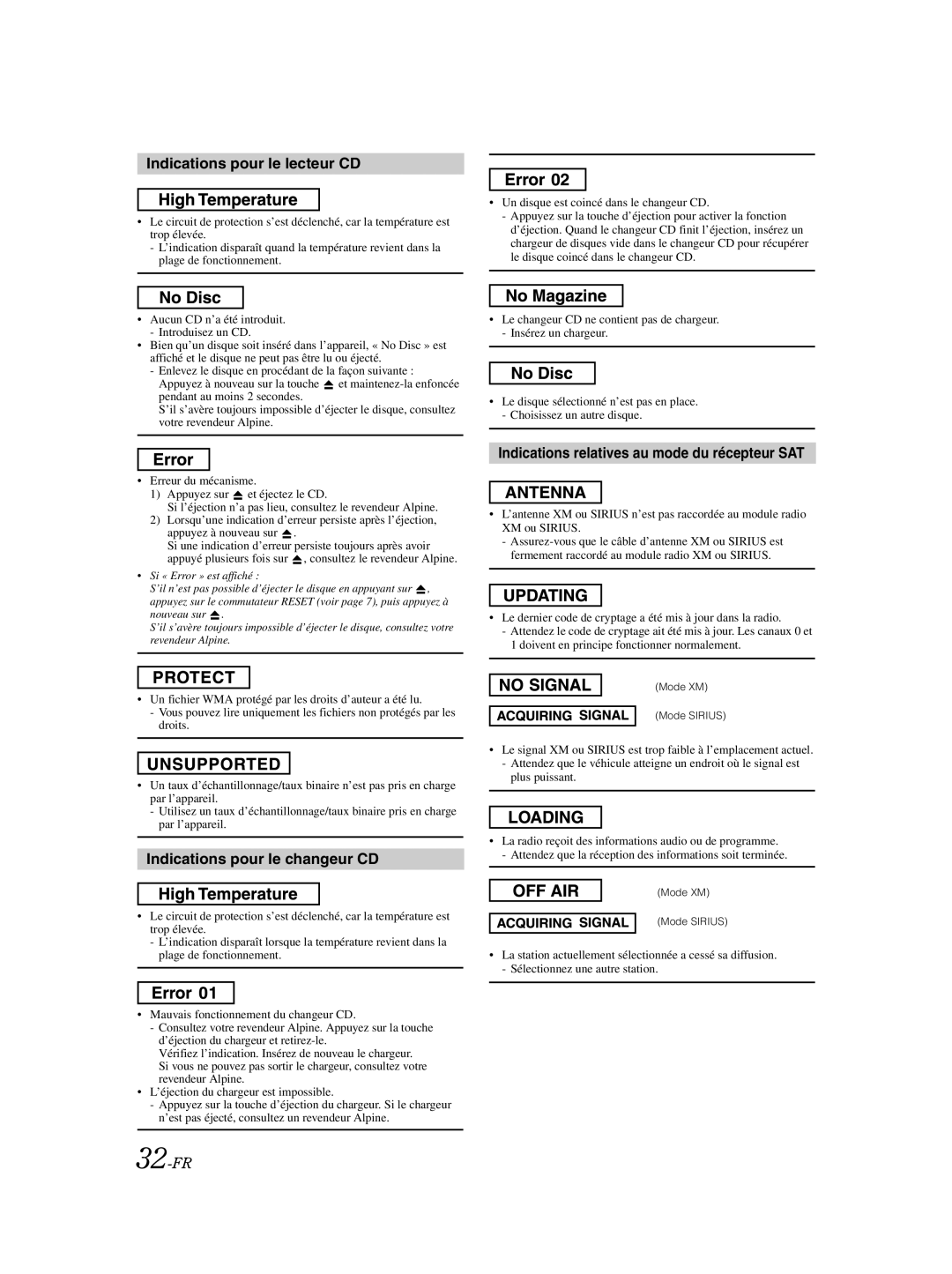 Alpine CDA-9885 owner manual Indications pour le lecteur CD, Indications relatives au mode du récepteur SAT, 32-FR 