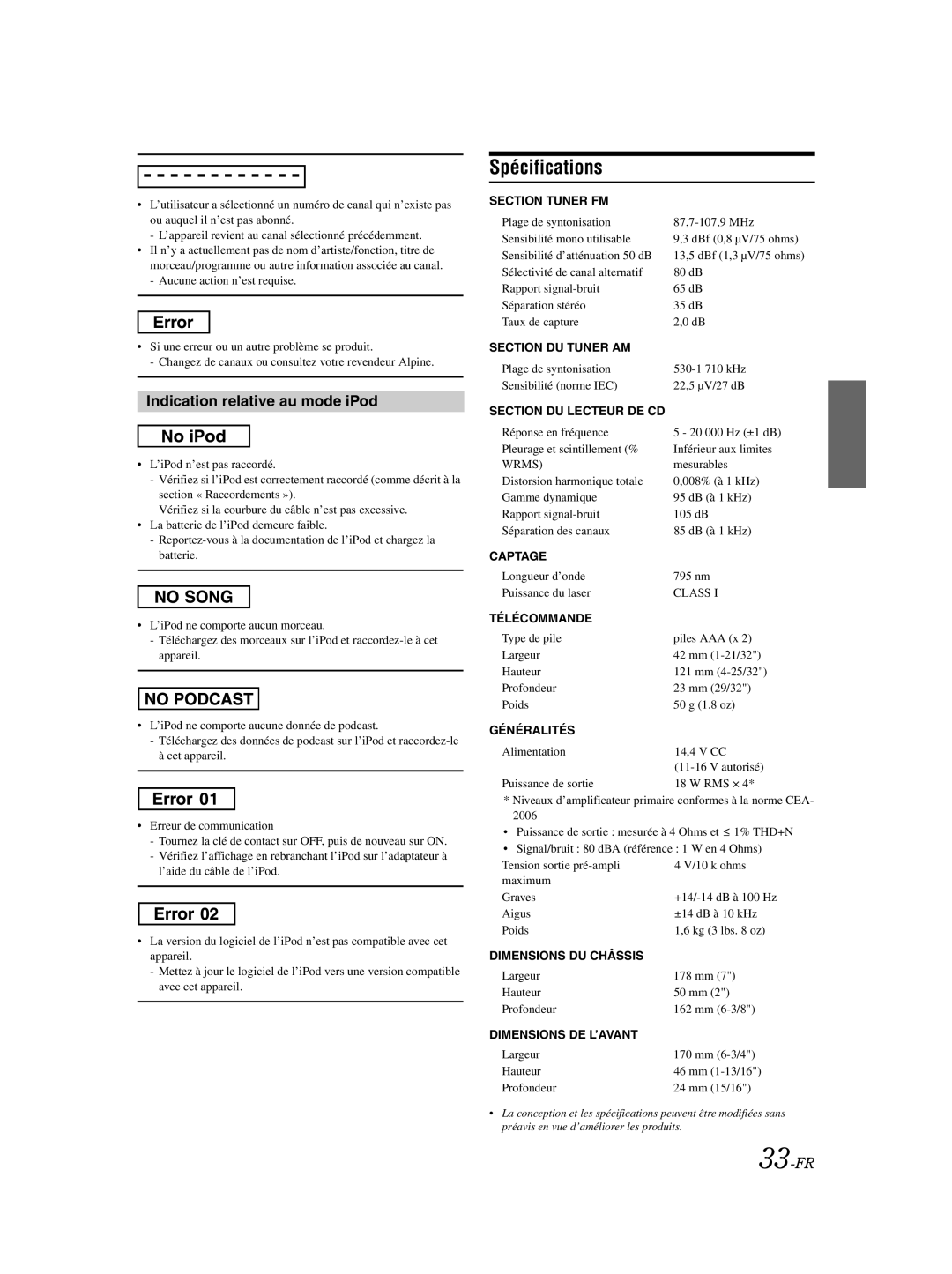 Alpine CDA-9885 owner manual Spécifications, Indication relative au mode iPod, 33-FR 