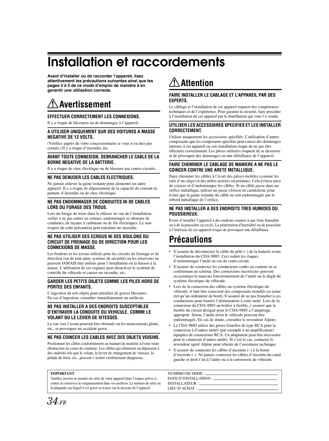 Alpine CDA-9885 owner manual 34-FR, NE PAS Coincer LES Cables Avec DES Objets Voisins 