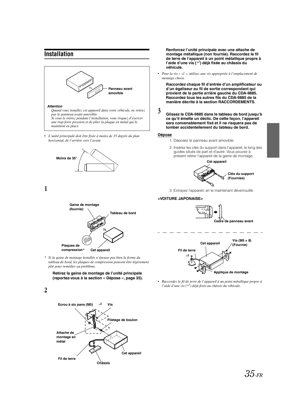 Alpine CDA-9885 owner manual 35-FR, Dépose, Voiture Japonaise, Extrayez l’appareil, en le maintenant déverrouillé 