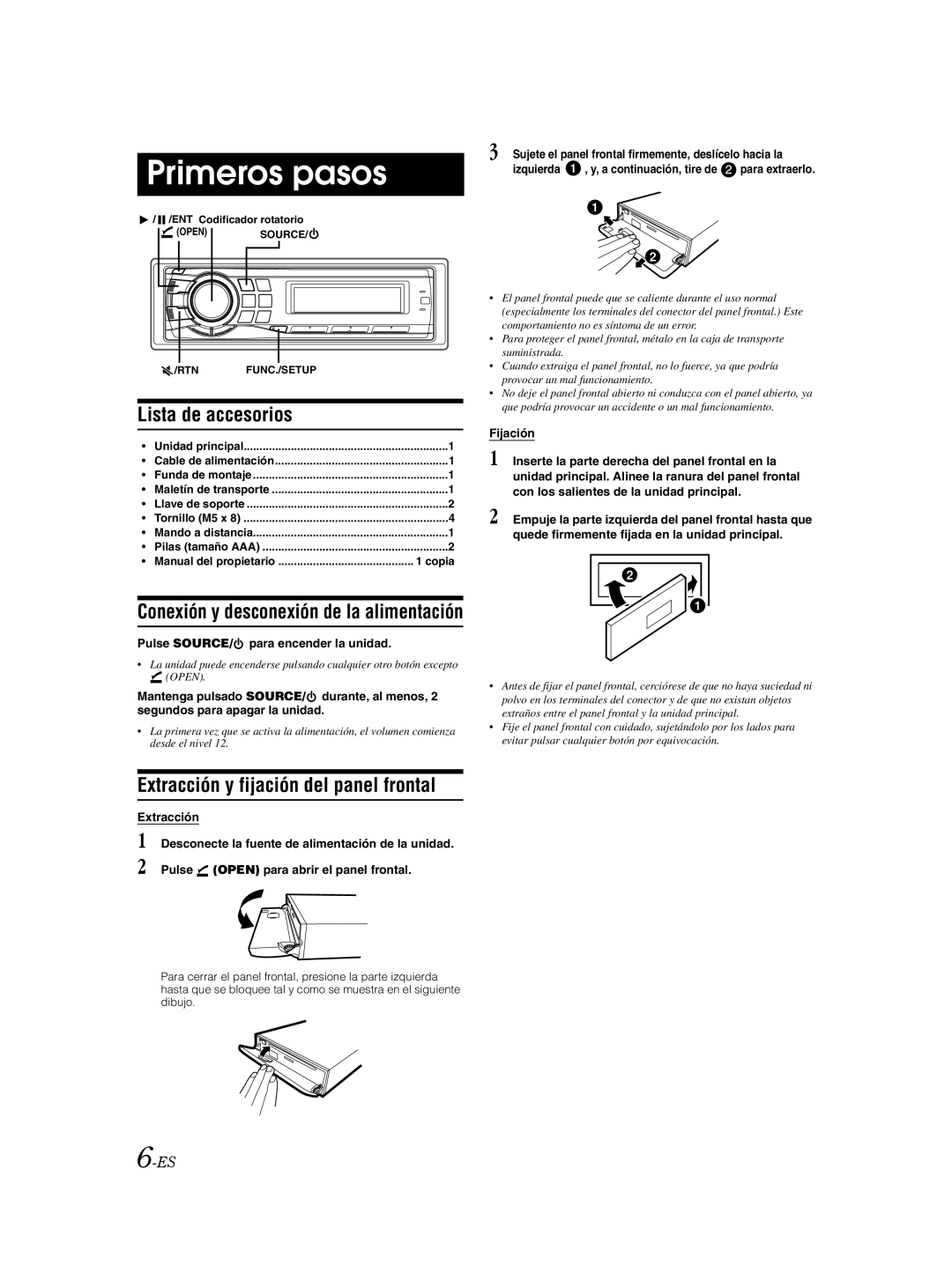 Alpine CDA-9885 owner manual Primeros pasos, Lista de accesorios, Extracción y fijación del panel frontal 