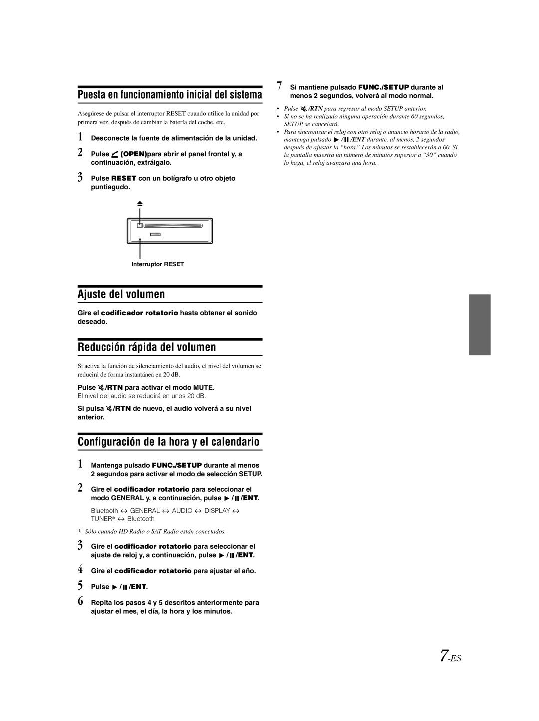 Alpine CDA-9885 owner manual Ajuste del volumen, Reducción rápida del volumen, Puesta en funcionamiento inicial del sistema 