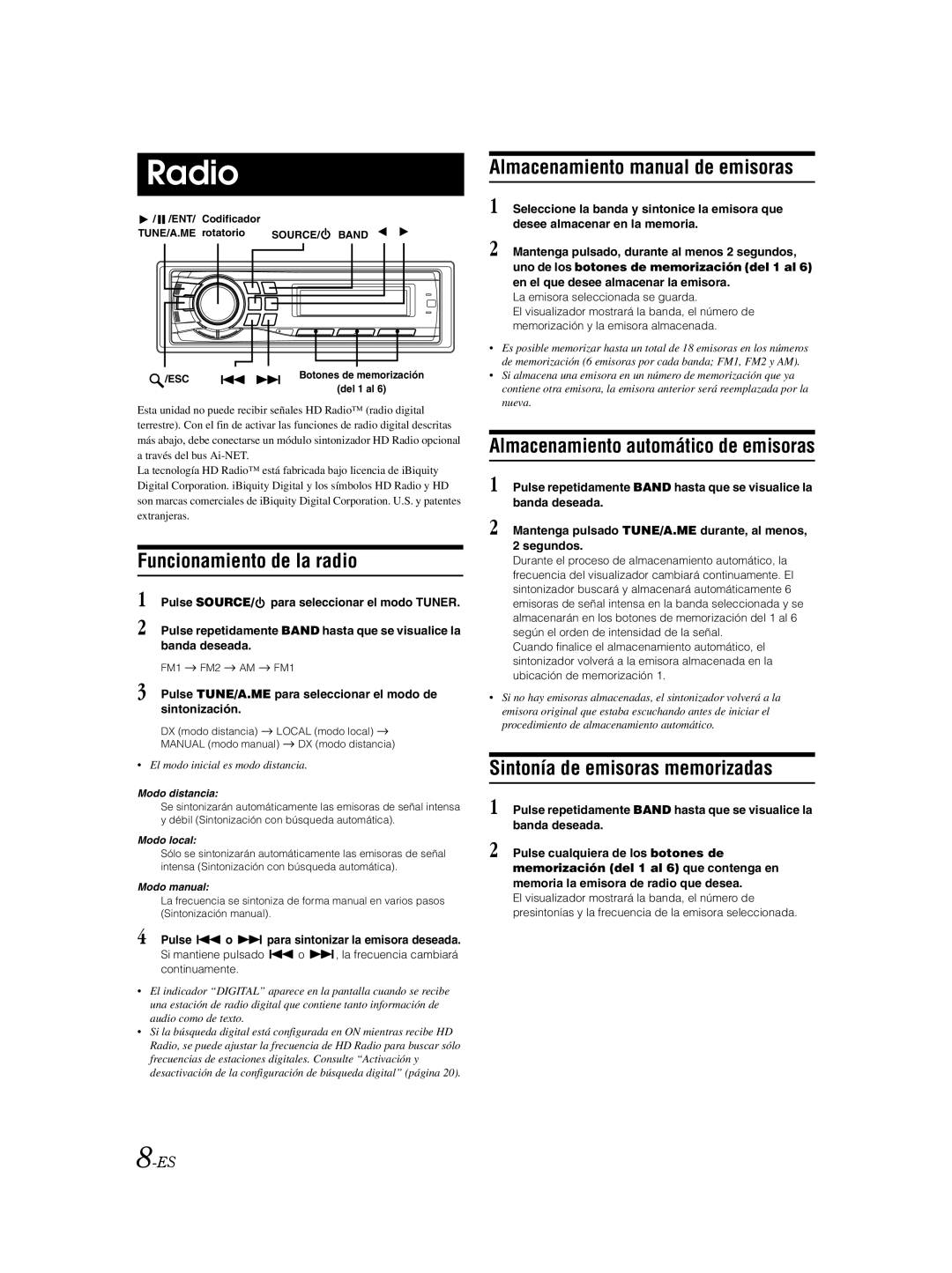 Alpine CDA-9885 Funcionamiento de la radio, Almacenamiento manual de emisoras, Almacenamiento automático de emisoras 