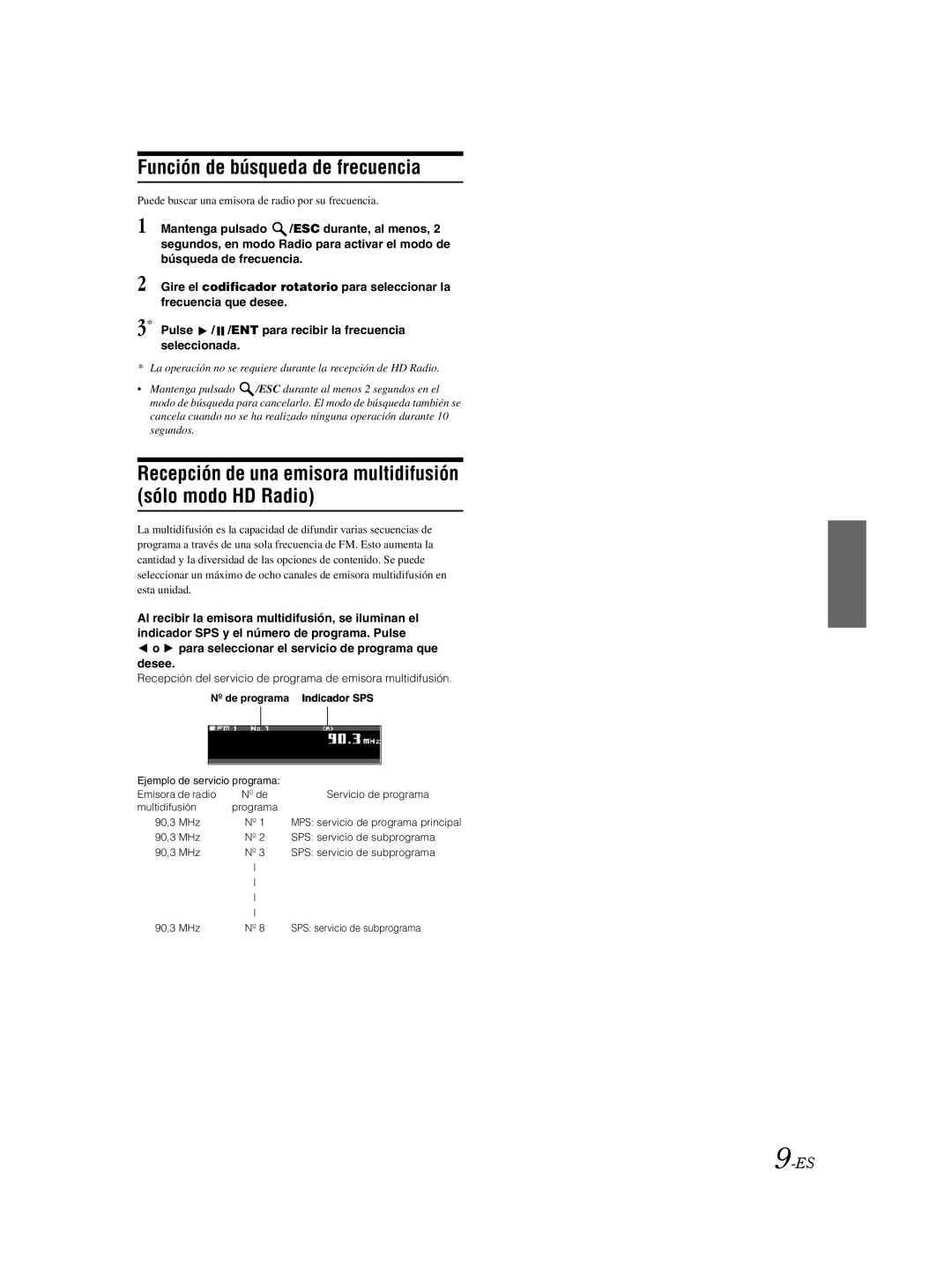 Alpine CDA-9885 owner manual Función de búsqueda de frecuencia, Recepción de una emisora multidifusión sólo modo HD Radio 