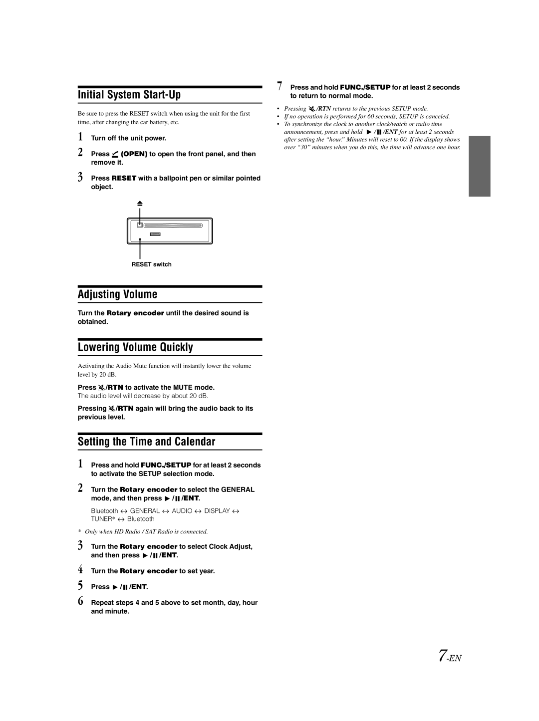 Alpine CDA-9885 Initial System Start-Up, Adjusting Volume, Lowering Volume Quickly, Setting the Time and Calendar 