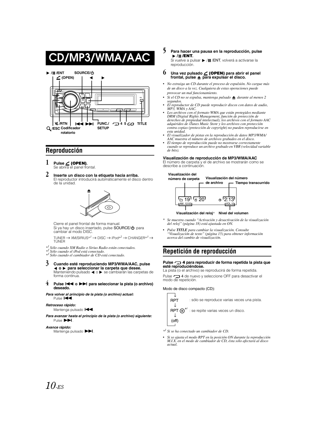 Alpine CDA-9885 owner manual Reproducción, Repetición de reproducción, 10-ES 