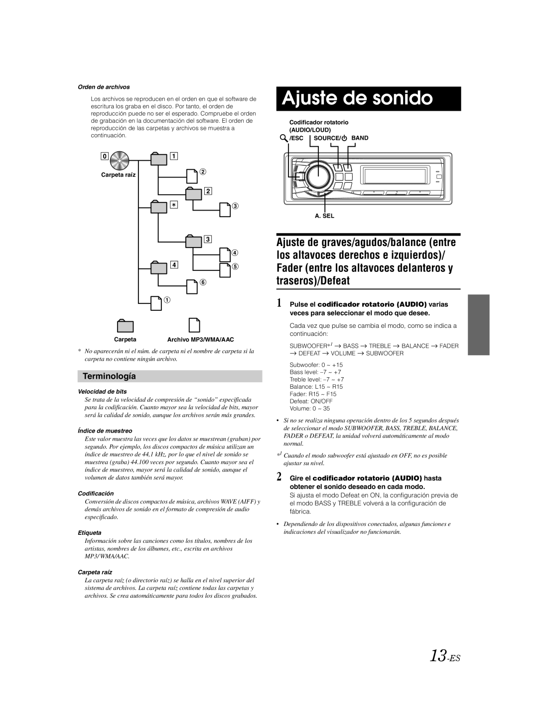 Alpine CDA-9885 owner manual Ajuste de sonido, Terminología, 13-ES 