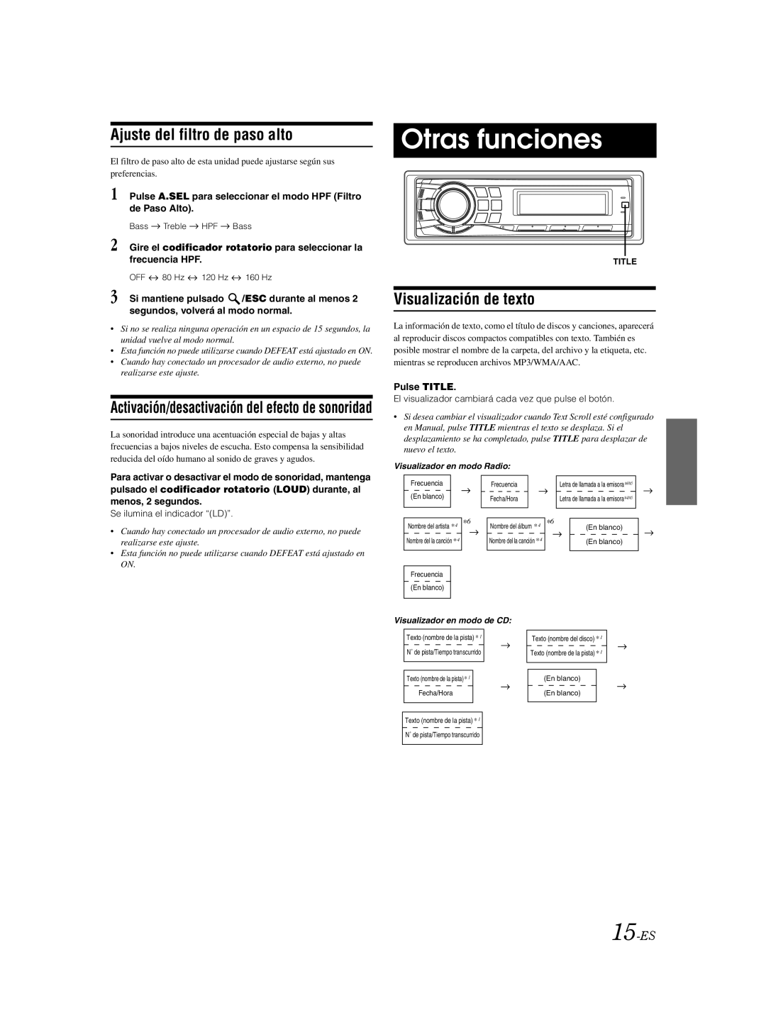 Alpine CDA-9885 owner manual Otras funciones, Ajuste del filtro de paso alto, Visualización de texto, 15-ES 