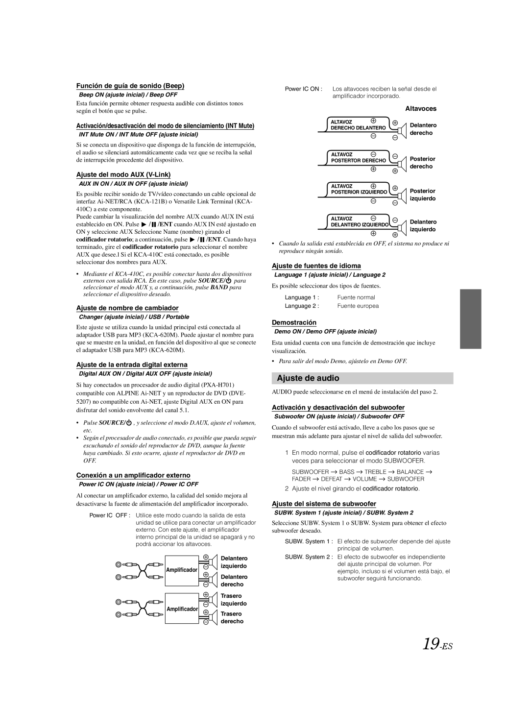 Alpine CDA-9885 owner manual Ajuste de audio, 19-ES 