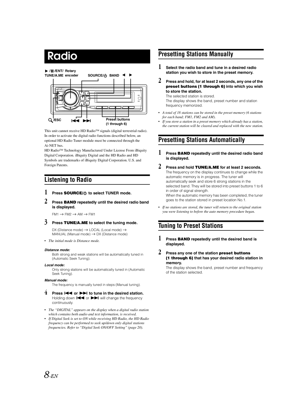 Alpine CDA-9885 owner manual Listening to Radio, Presetting Stations Manually, Presetting Stations Automatically 