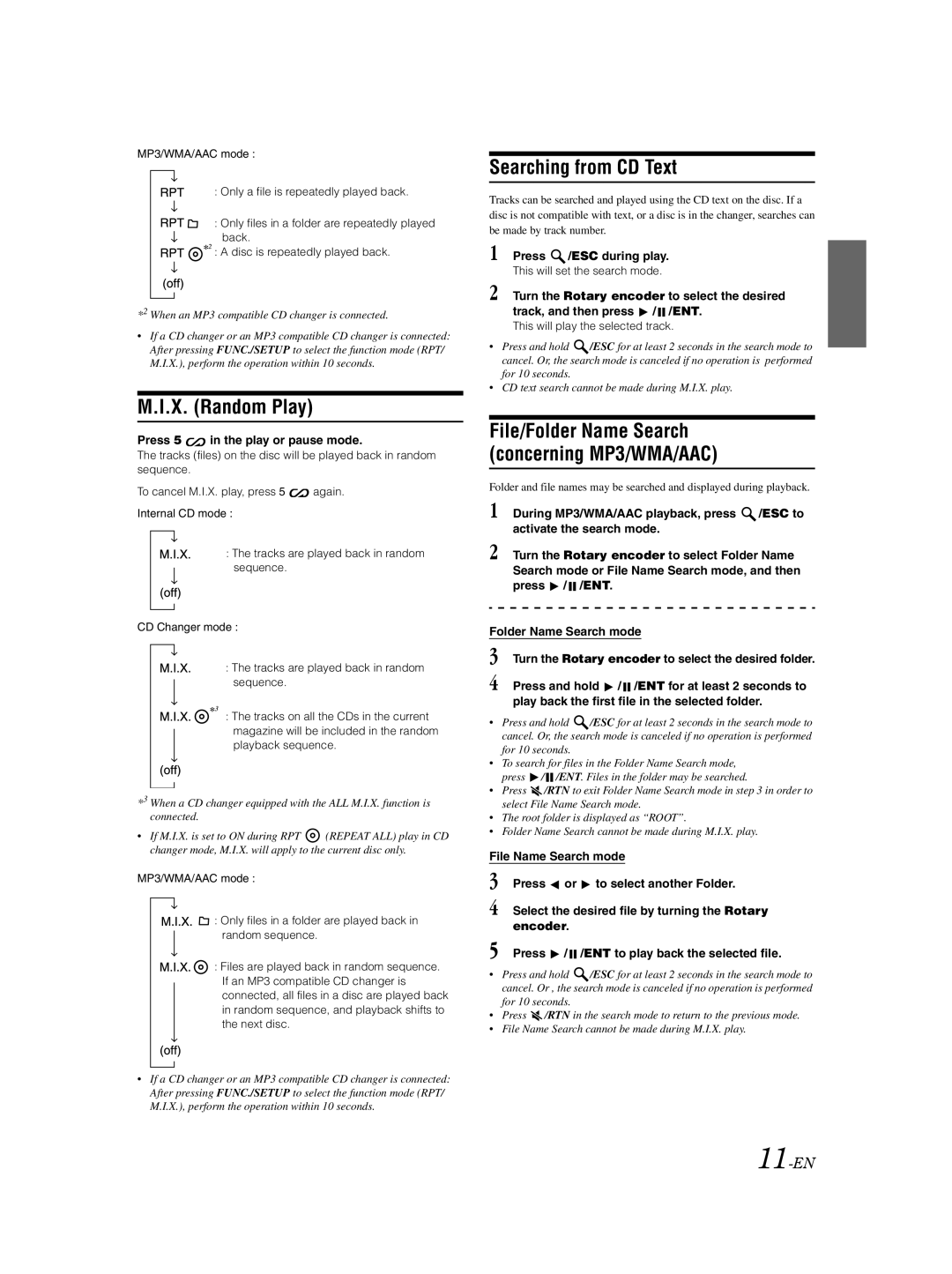 Alpine CDA-9885 X. Random Play, Searching from CD Text, 11-EN, Press 5 in the play or pause mode, Press /ESC during play 