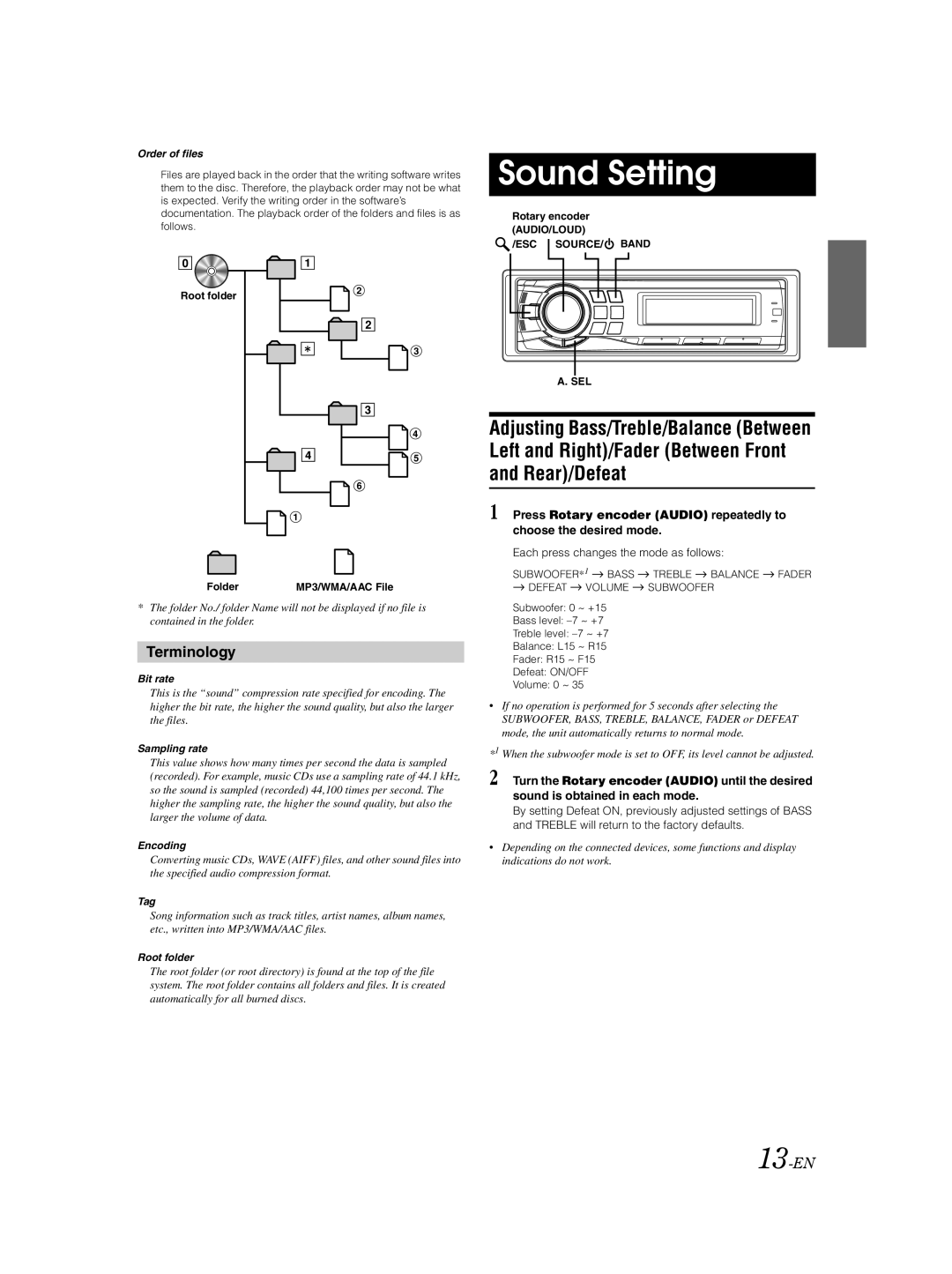 Alpine CDA-9885 owner manual Sound Setting, Terminology, 13-EN, Each press changes the mode as follows 