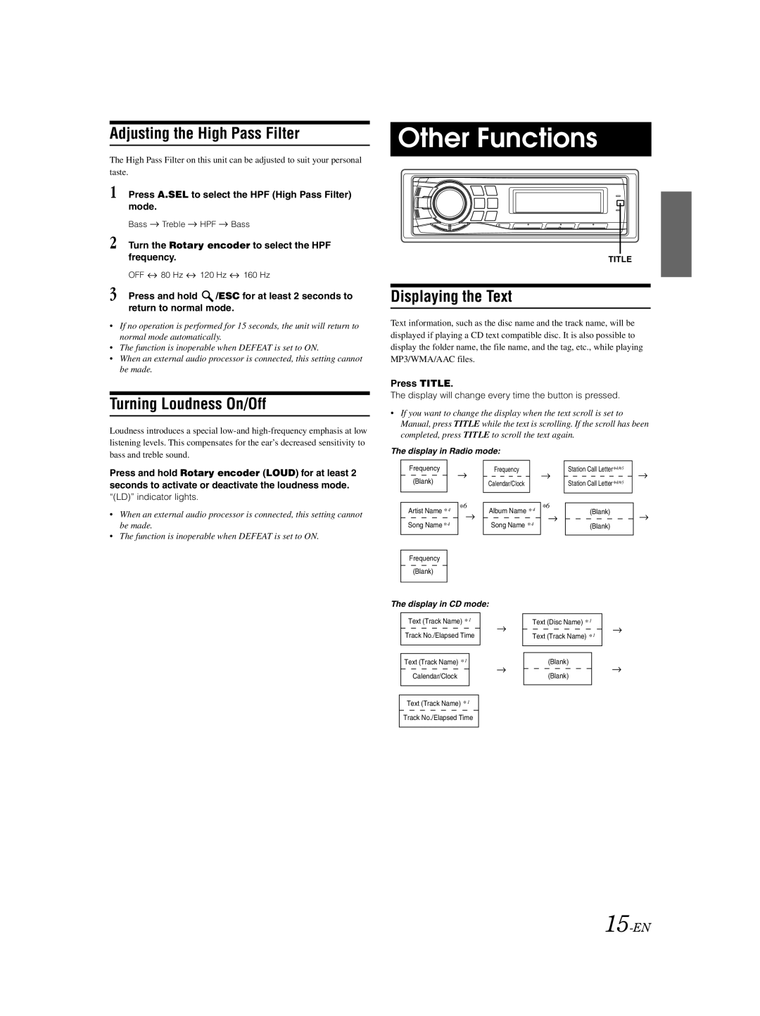 Alpine CDA-9885 Other Functions, Adjusting the High Pass Filter, Turning Loudness On/Off, Displaying the Text, 15-EN 