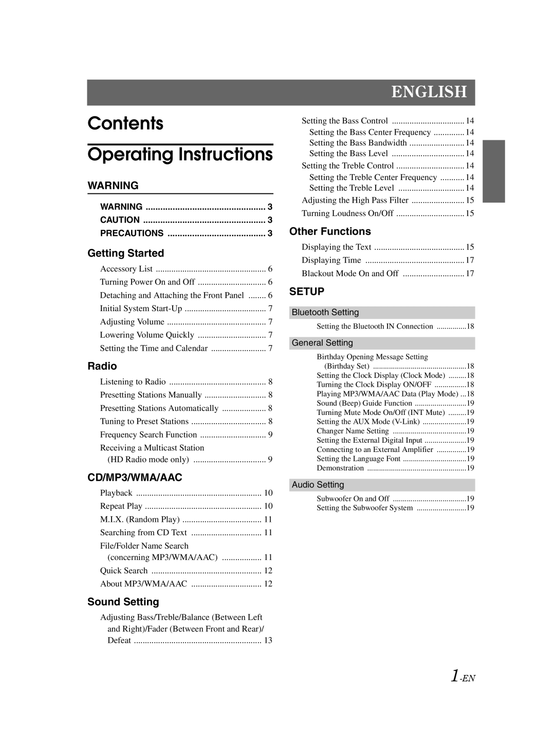 Alpine CDA-9885 owner manual Contents Operating Instructions 