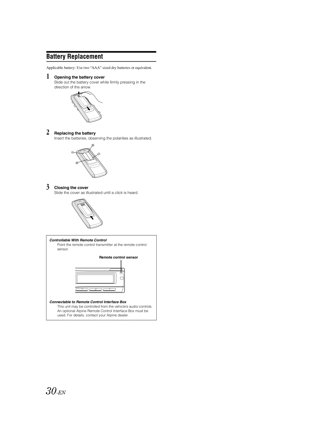 Alpine CDA-9885 Battery Replacement, 30-EN, Opening the battery cover, Replacing the battery, Closing the cover 