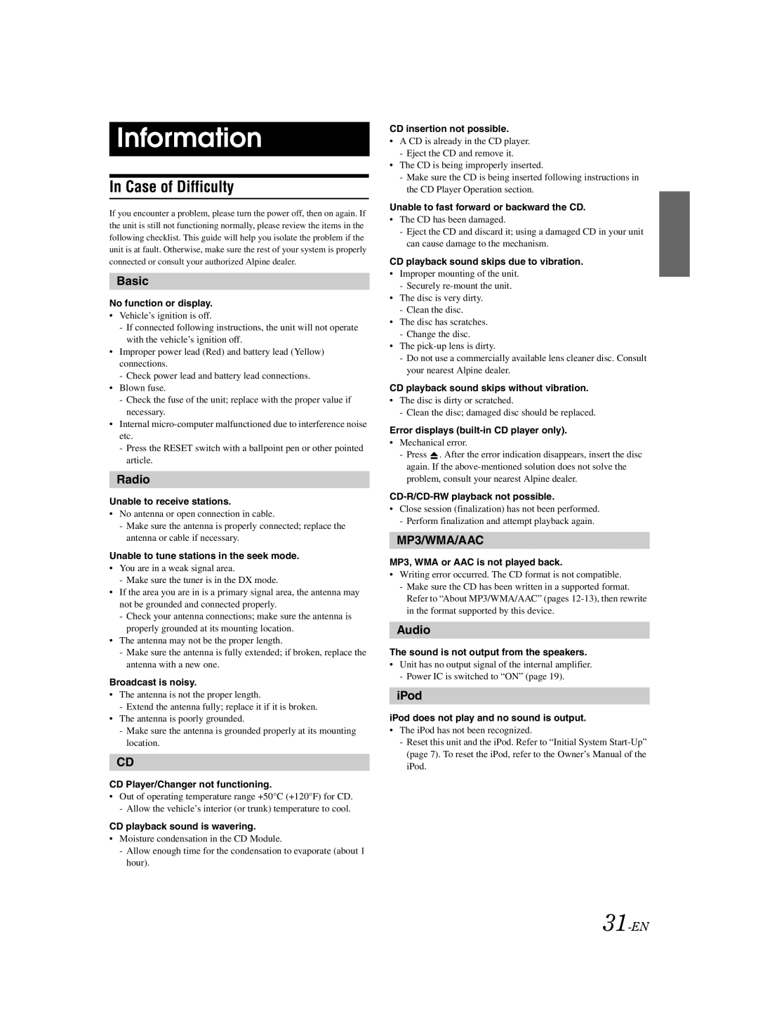 Alpine CDA-9885 owner manual Information, Case of Difficulty 