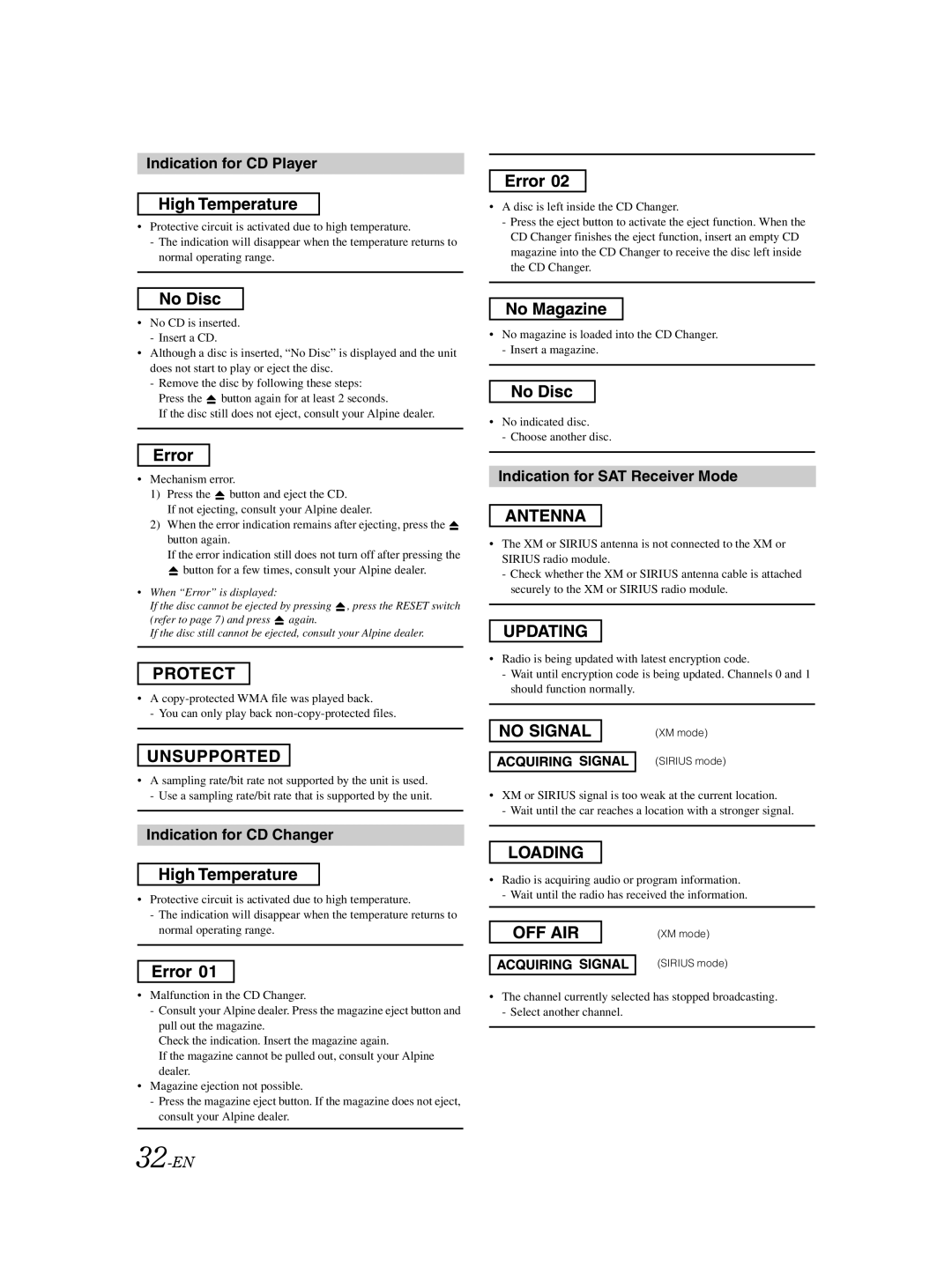 Alpine CDA-9885 owner manual Indication for CD Player, Indication for CD Changer, Indication for SAT Receiver Mode, 32-EN 