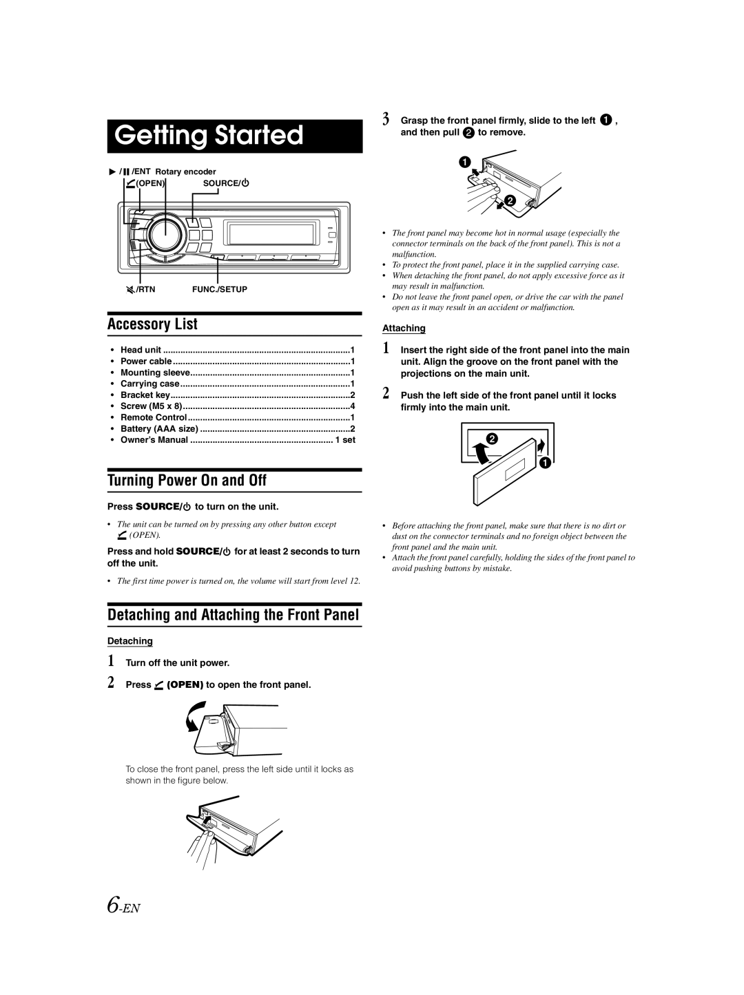 Alpine CDA-9885 owner manual Getting Started, Accessory List, Turning Power On and Off, Press SOURCE/ to turn on the unit 