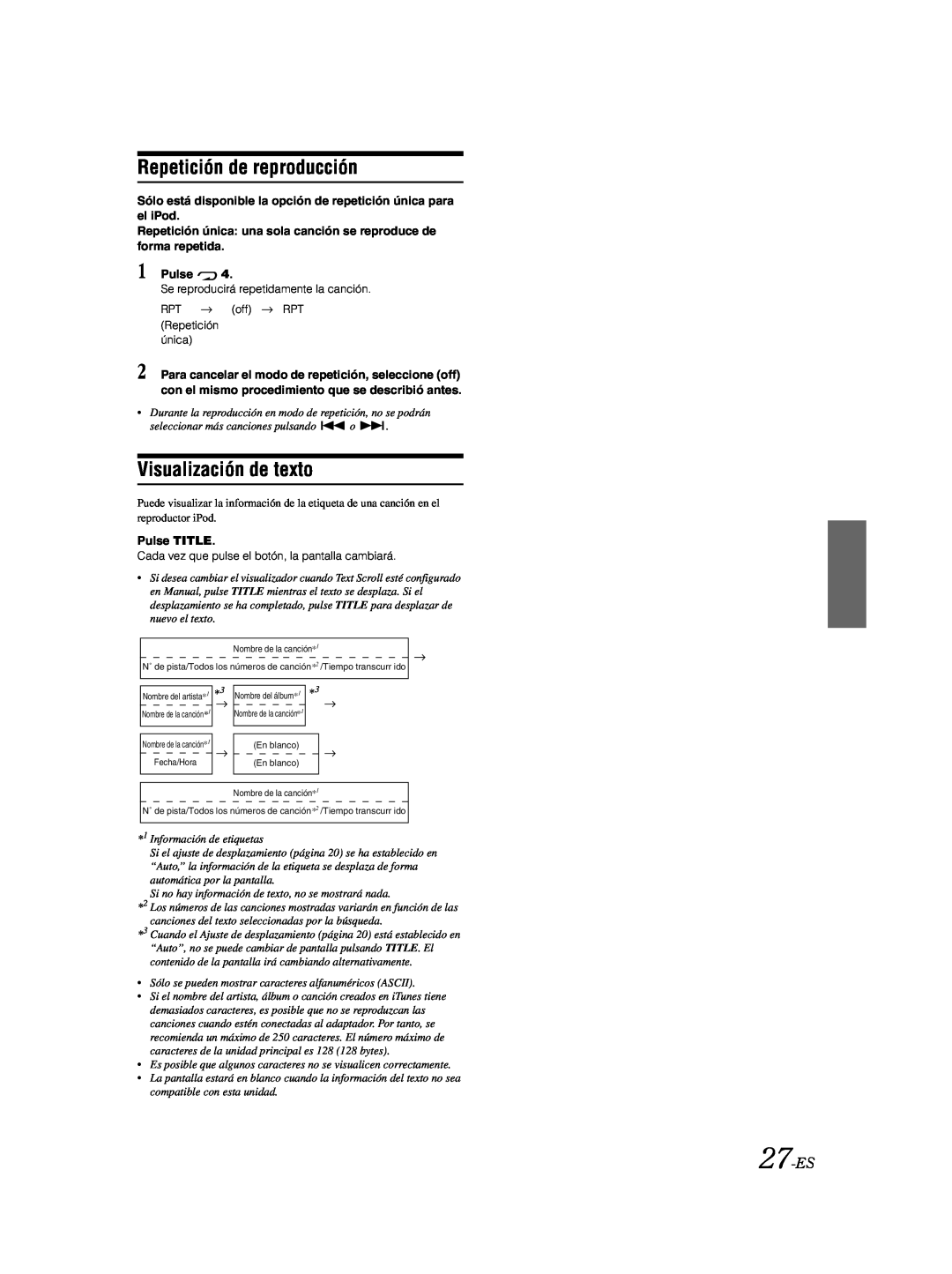 Alpine CDA-9885 owner manual Repetición de reproducción, Visualización de texto, 27-ES, Pulse TITLE 
