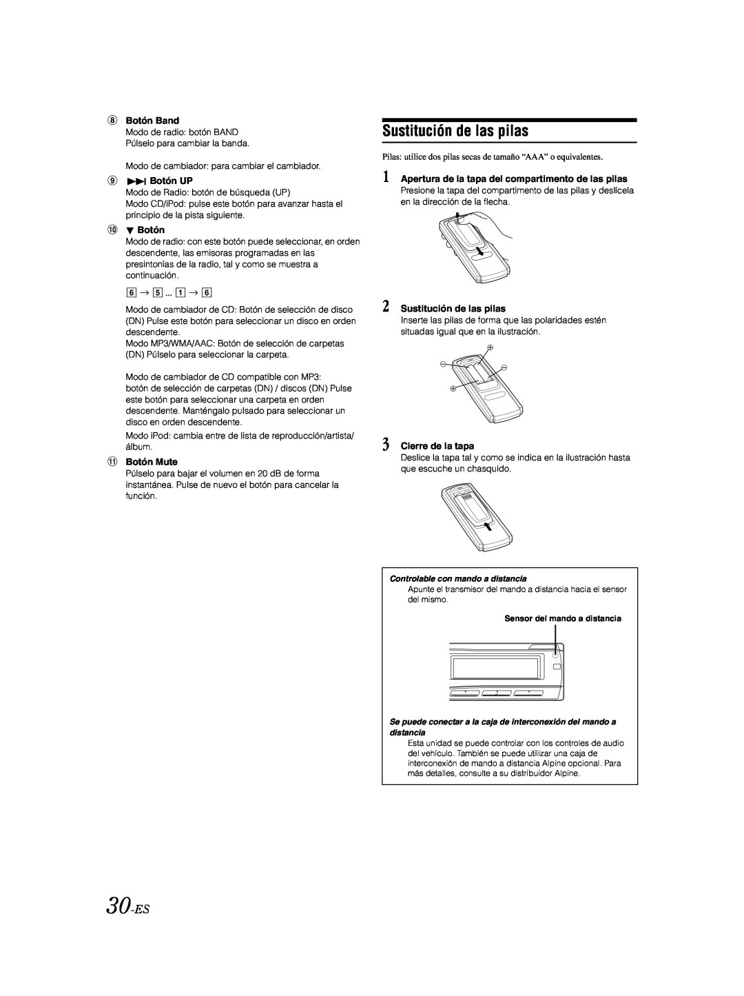 Alpine CDA-9885 owner manual Sustitución de las pilas, 30-ES 