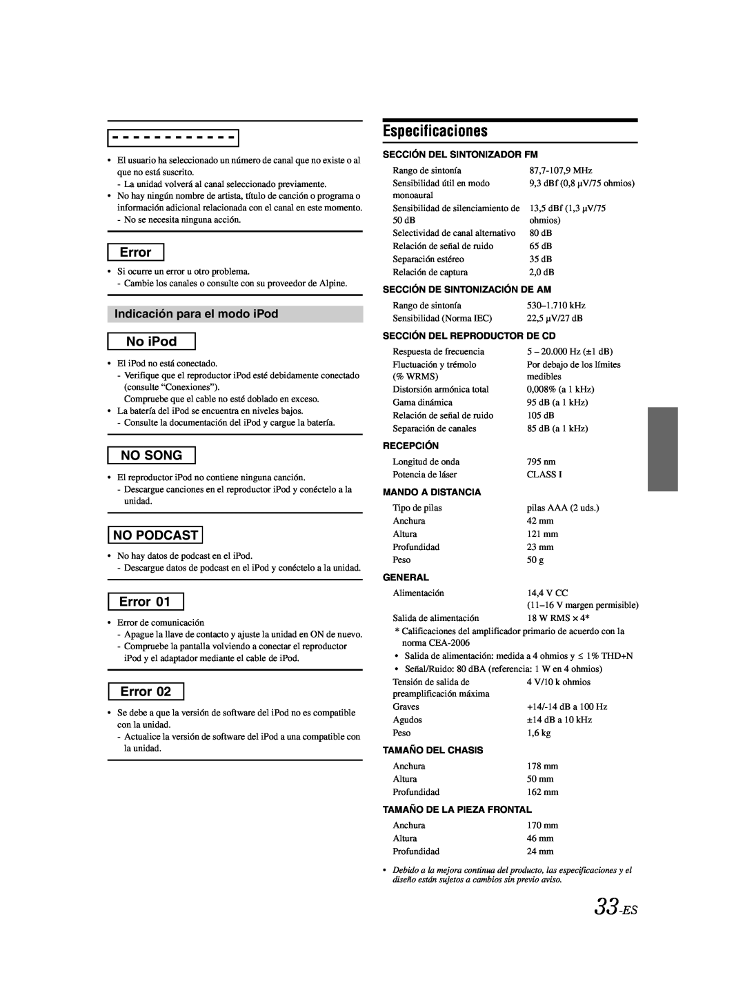 Alpine CDA-9885 owner manual Especificaciones, Indicación para el modo iPod, 33-ES 