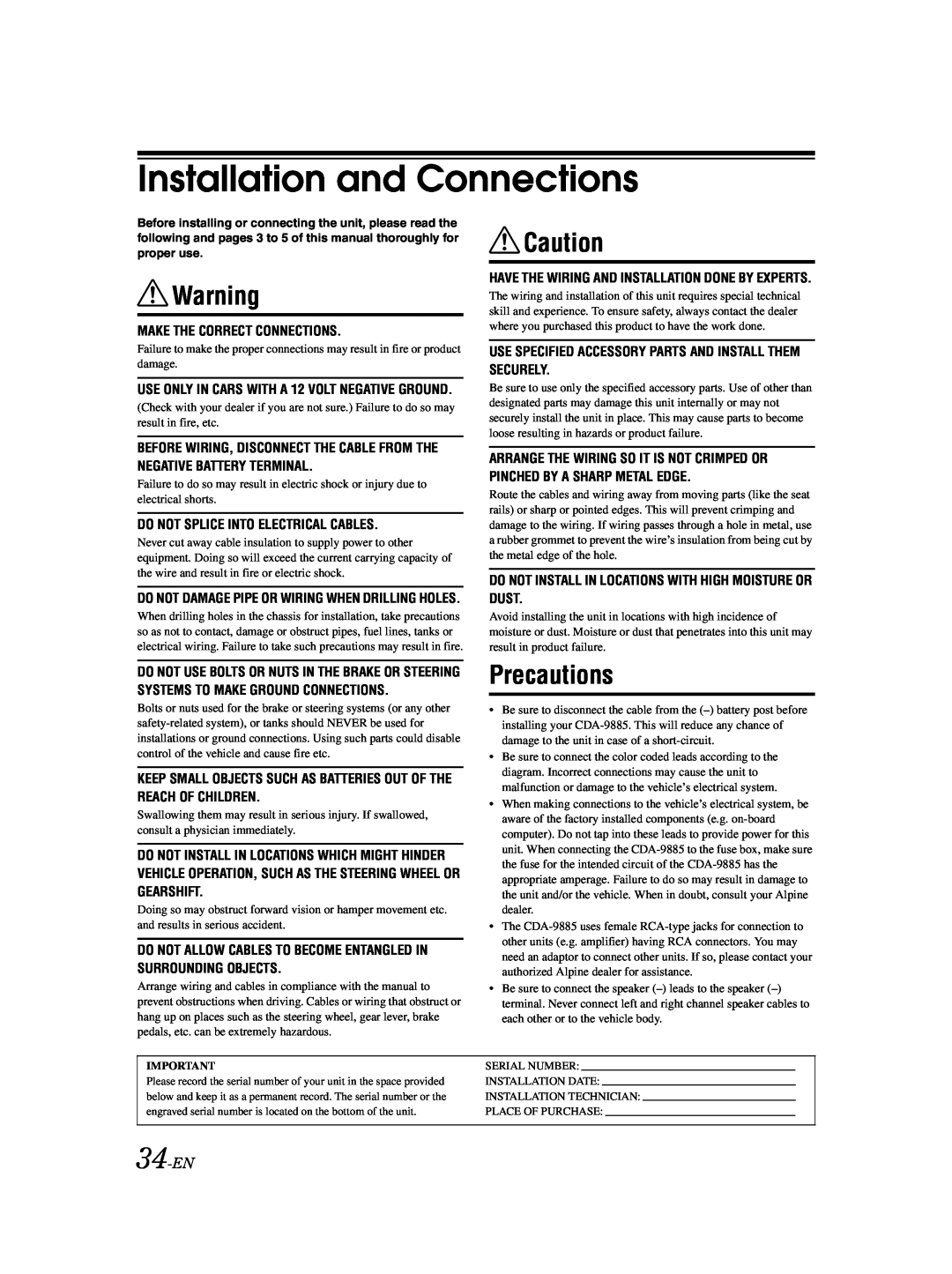 Alpine CDA-9885 owner manual Installation and Connections, Precautions, 34-EN 