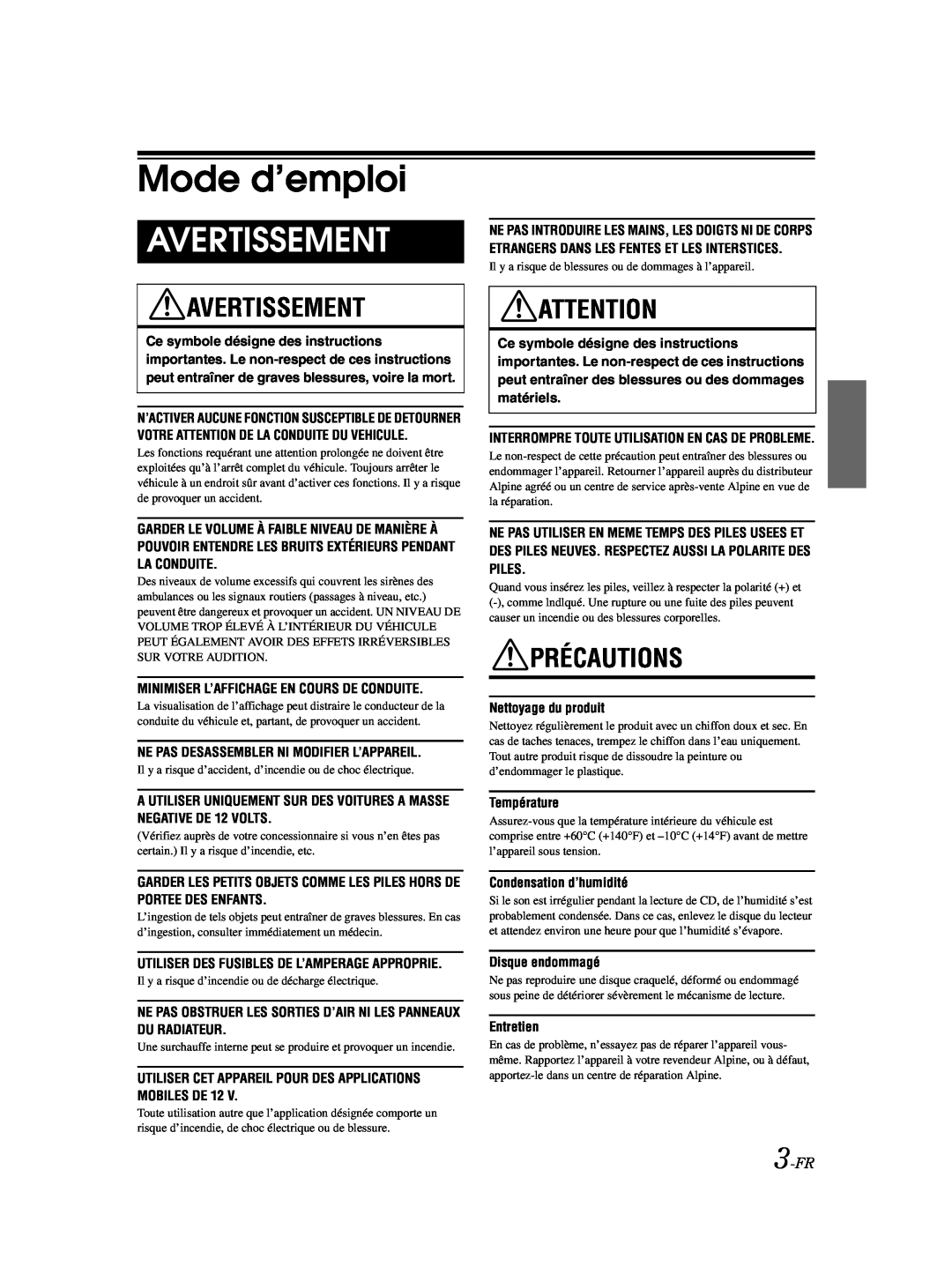 Alpine CDA-9885 owner manual Mode d’emploi, Avertissement, Précautions, 3-FR 