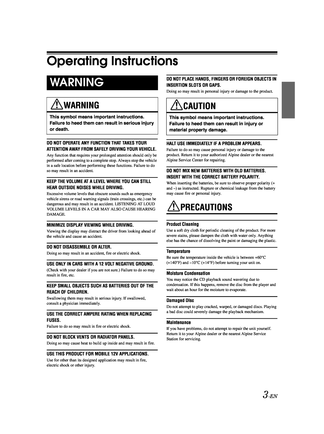 Alpine CDA-9885 owner manual Operating Instructions, Precautions, 3-EN 