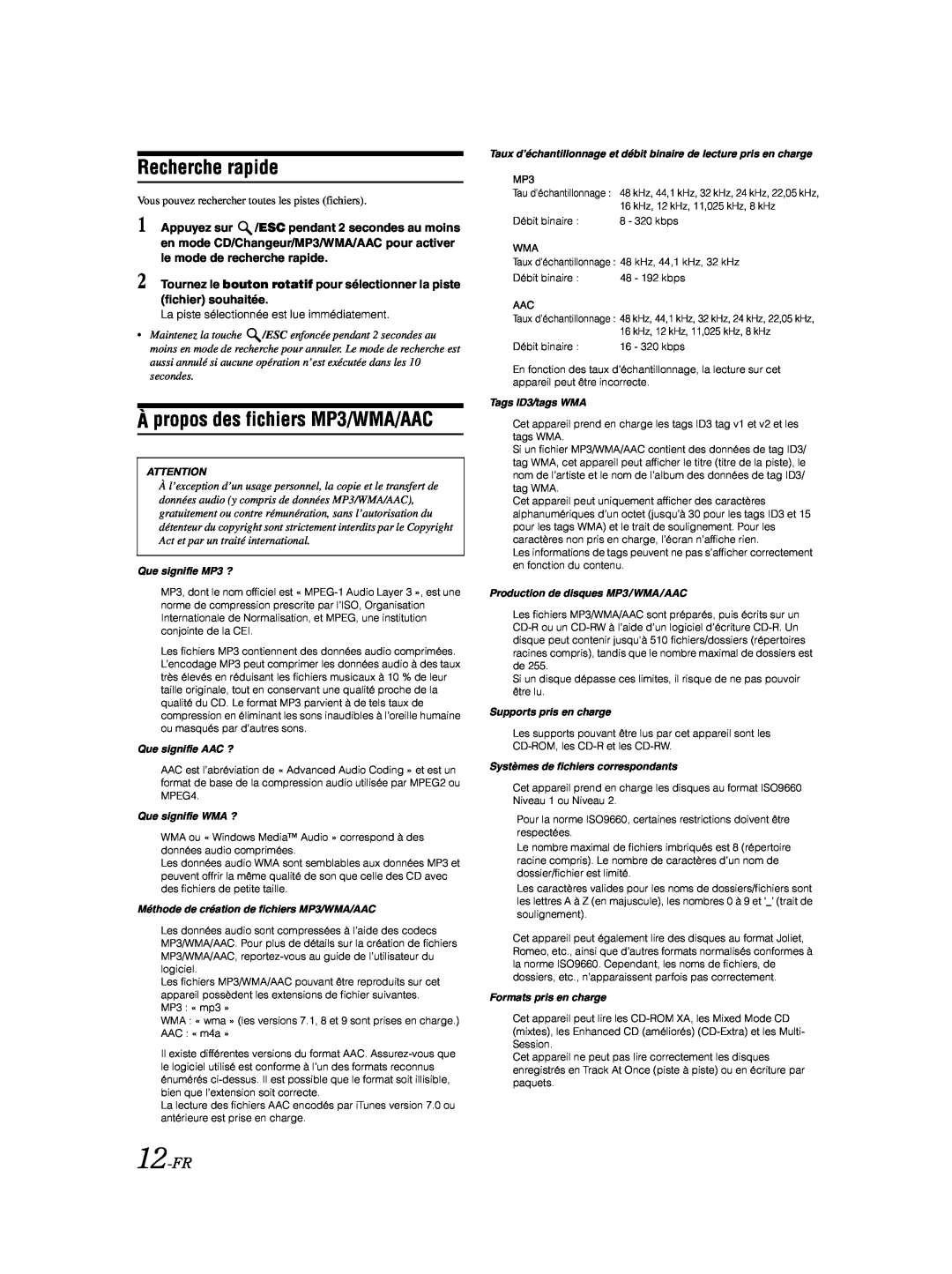 Alpine CDA-9885 owner manual Recherche rapide, À propos des fichiers MP3/WMA/AAC, 12-FR 