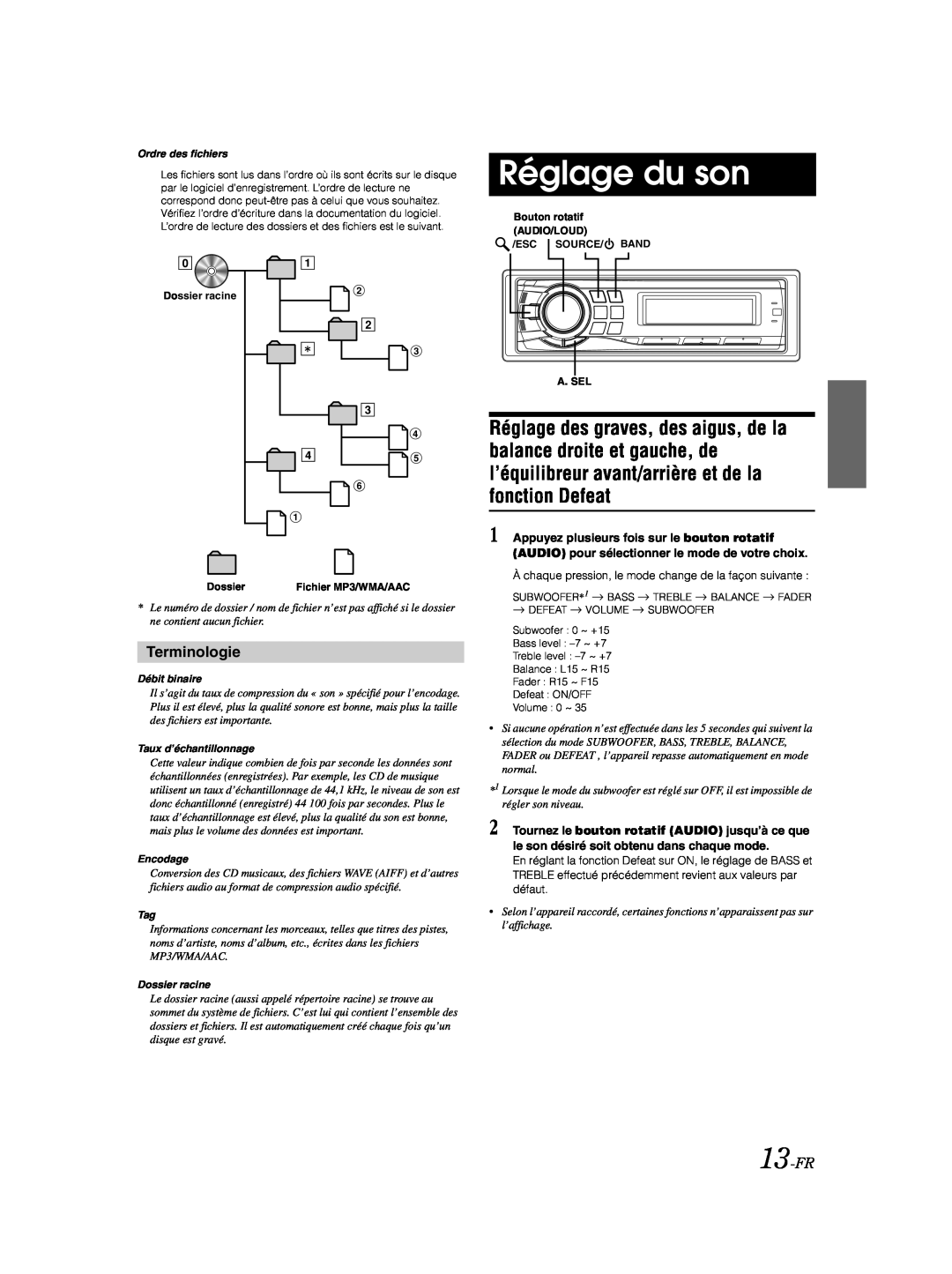 Alpine CDA-9885 owner manual Réglage du son, Terminologie, 13-FR 