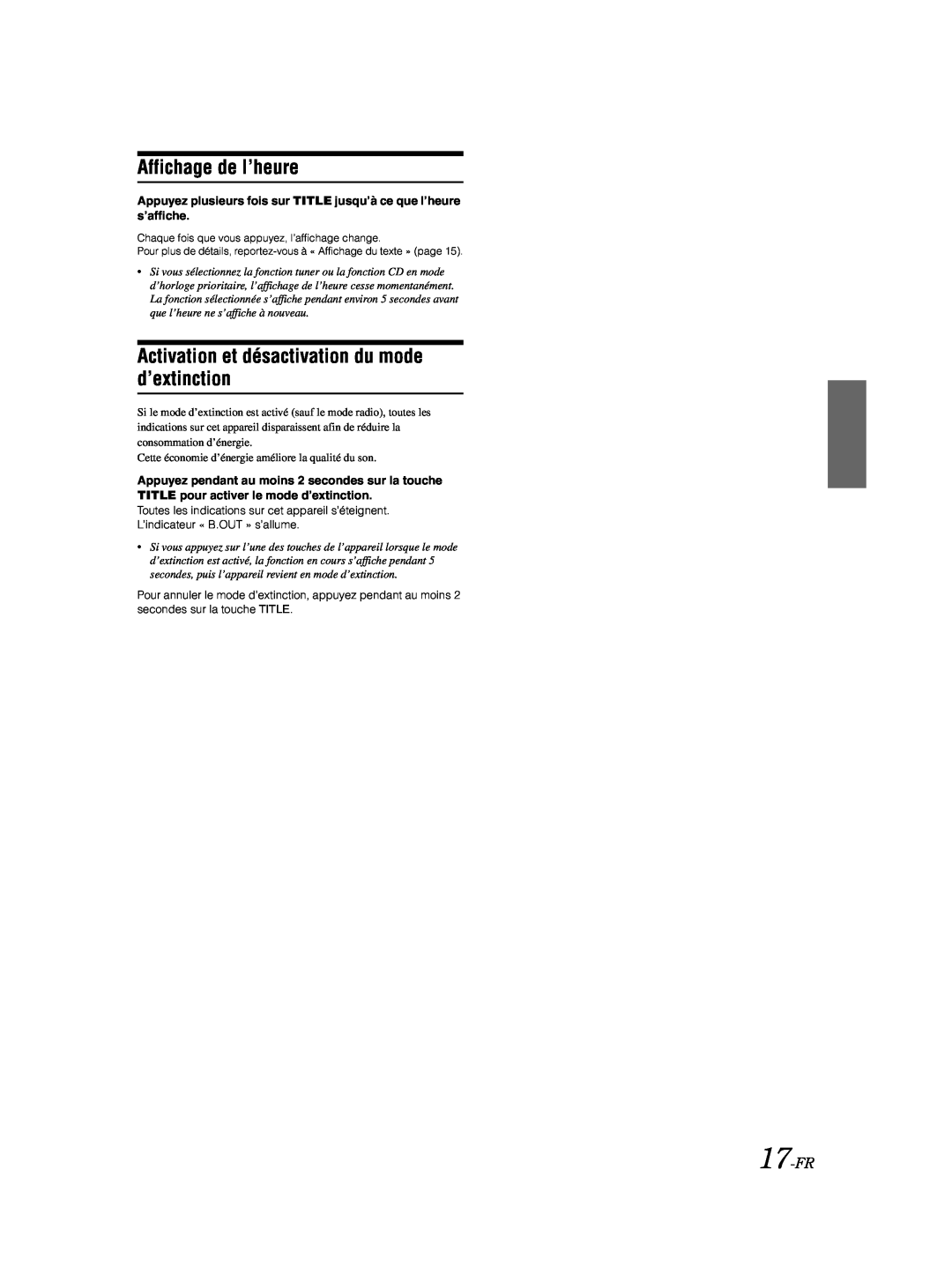 Alpine CDA-9885 owner manual Affichage de l’heure, Activation et désactivation du mode d’extinction, 17-FR 