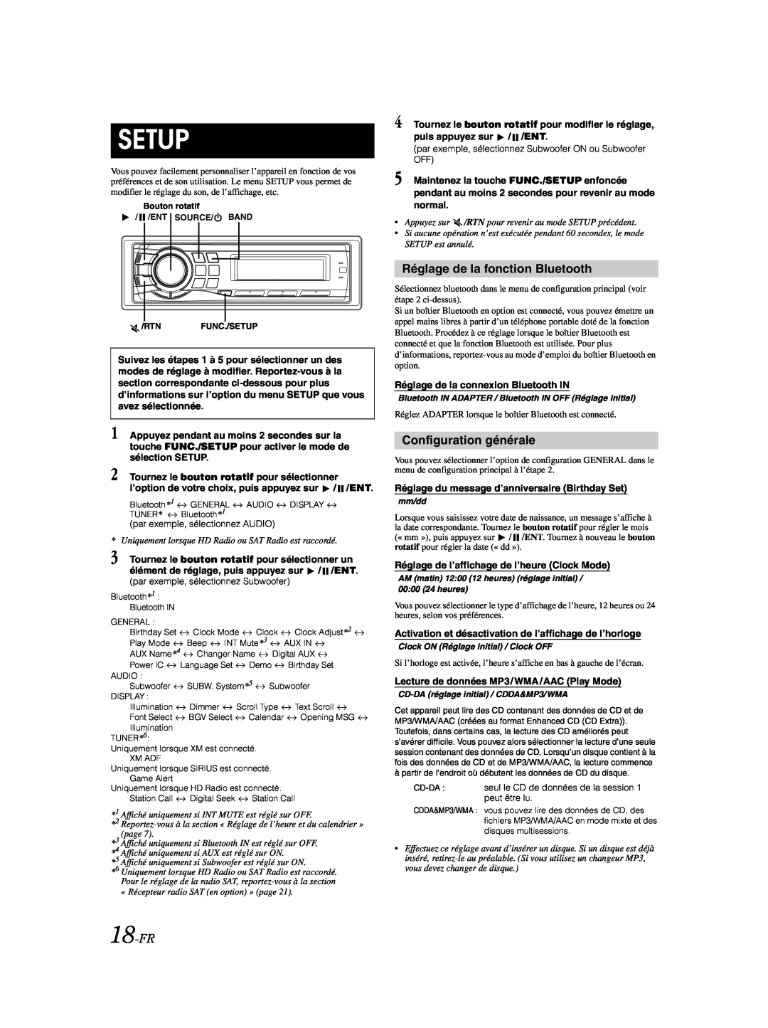 Alpine CDA-9885 owner manual Setup, Réglage de la fonction Bluetooth, Configuration générale, 18-FR 