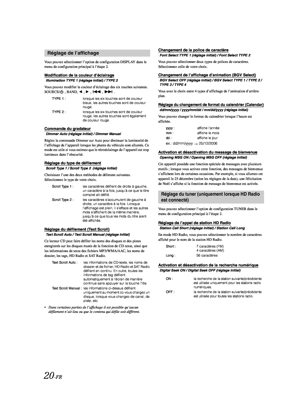 Alpine CDA-9885 owner manual Réglage de l’affichage, 20-FR 