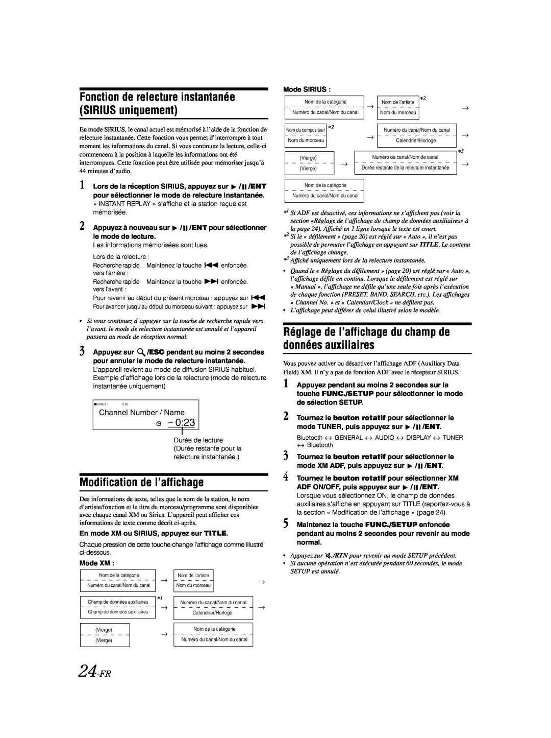 Alpine CDA-9885 owner manual Modification de l’affichage, 0:23, 24-FR, Channel Number / Name 