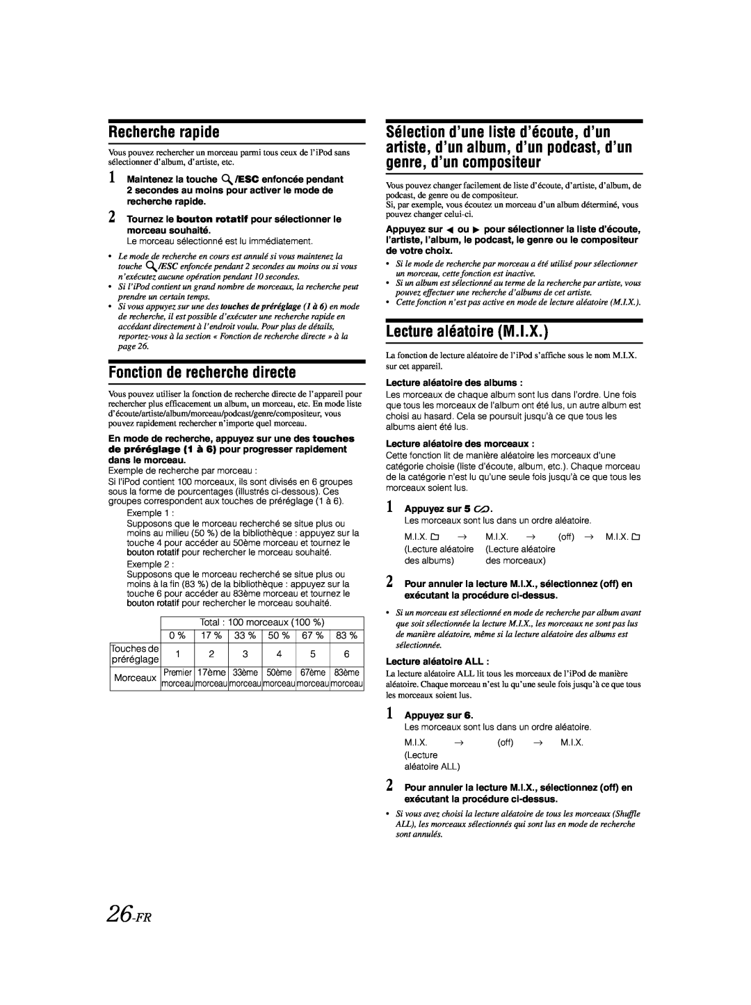 Alpine CDA-9885 owner manual Fonction de recherche directe, Lecture aléatoire M.I.X, Recherche rapide, 26-FR 