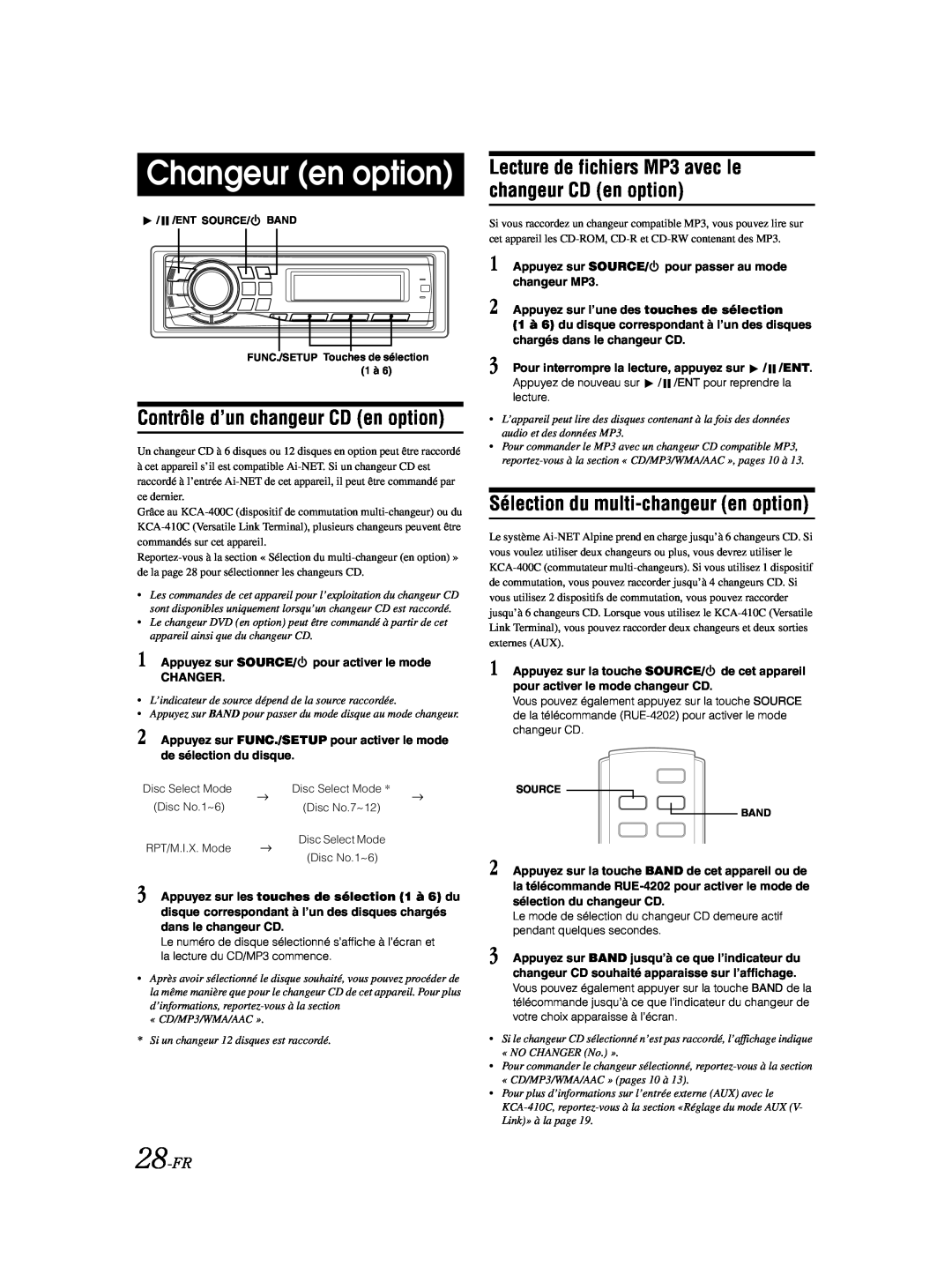 Alpine CDA-9885 Changeur en option, Contrôle d’un changeur CD en option, Sélection du multi-changeuren option, 28-FR 